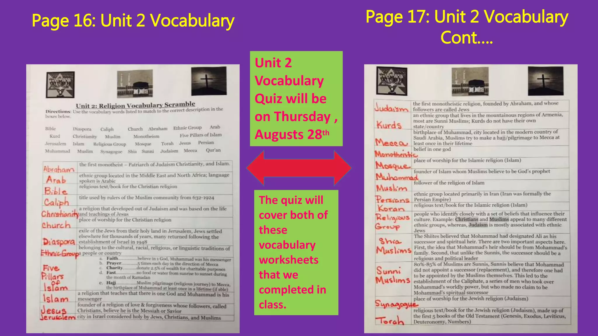 Page 16: Unit 2 Vocabulary Page 17: Unit 2 Vocabulary 
Cont…. 
Unit 2 
Vocabulary 
Quiz will be 
on Thursday , 
Augusts 28th 
The quiz will 
cover both of 
these 
vocabulary 
worksheets 
that we 
completed in 
class. 
 