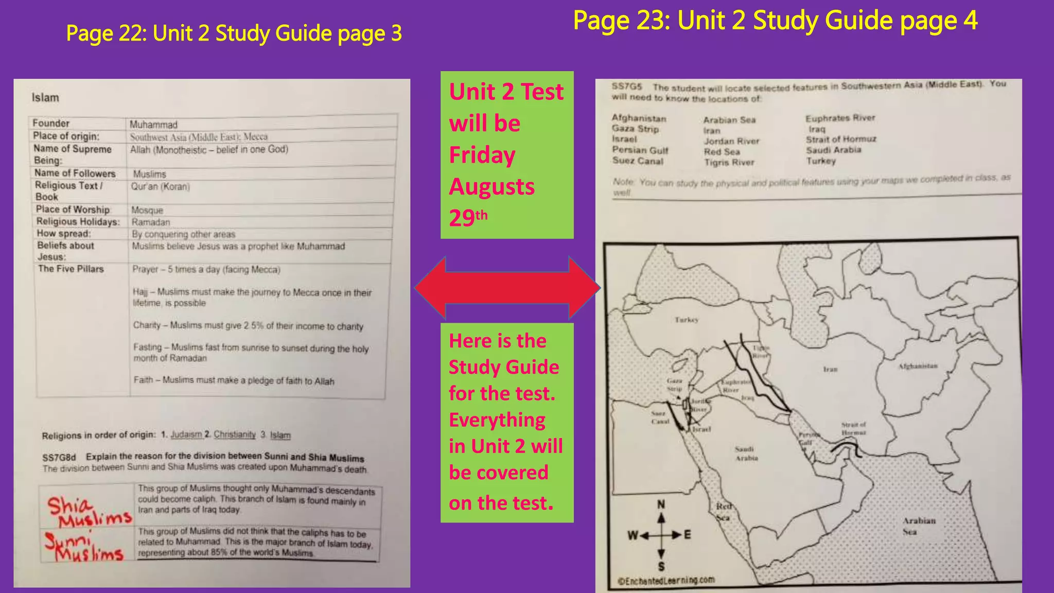 Page 22: Unit 2 Study Guide page 3 Page 23: Unit 2 Study Guide page 4 
Unit 2 Test 
will be 
Friday 
Augusts 
29th 
Here is the 
Study Guide 
for the test. 
Everything 
in Unit 2 will 
be covered 
on the test. 
 