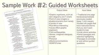 Input Ideas
• Traditional one page
handouts/worksheets
previously created
(keep 1 inch margin)
•Guided info pages that
have instruction/terms
that you don’t want
student to lose
•Vocab strand activities
•Paired passages and
selective highlighting
•Passages to annotate
w/ and without guided
questions
Output Ideas
•Graphic organizers, such as
venn diagrams and T-charts
•Point of view (imagine a
situation/scenario from variety
of points of view
•Plus-Minus-Interesting
•Cause-effect graphic
organizers
•Fold-out/flappables
•Stories, imagined dialogues,
journals
•Personal
reflections/connections
•SOAPSTones
 
