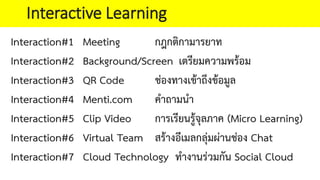 Interaction#1 Meeting กฎกติกามารยาท
Interaction#2 Background/Screen เตรียมความพรอม
Interaction#3 QR Code ชองทางเขาถึงขอมูล
Interaction#4 Menti.com คําถามนํา
Interaction#5 Clip Video การเรียนรูจุลภาค (Micro Learning)
Interaction#6 Virtual Team สรางอีเมลกลุมผานชอง Chat
Interaction#7 Cloud Technology ทํางานรวมกัน Social Cloud
Interactive Learning
 