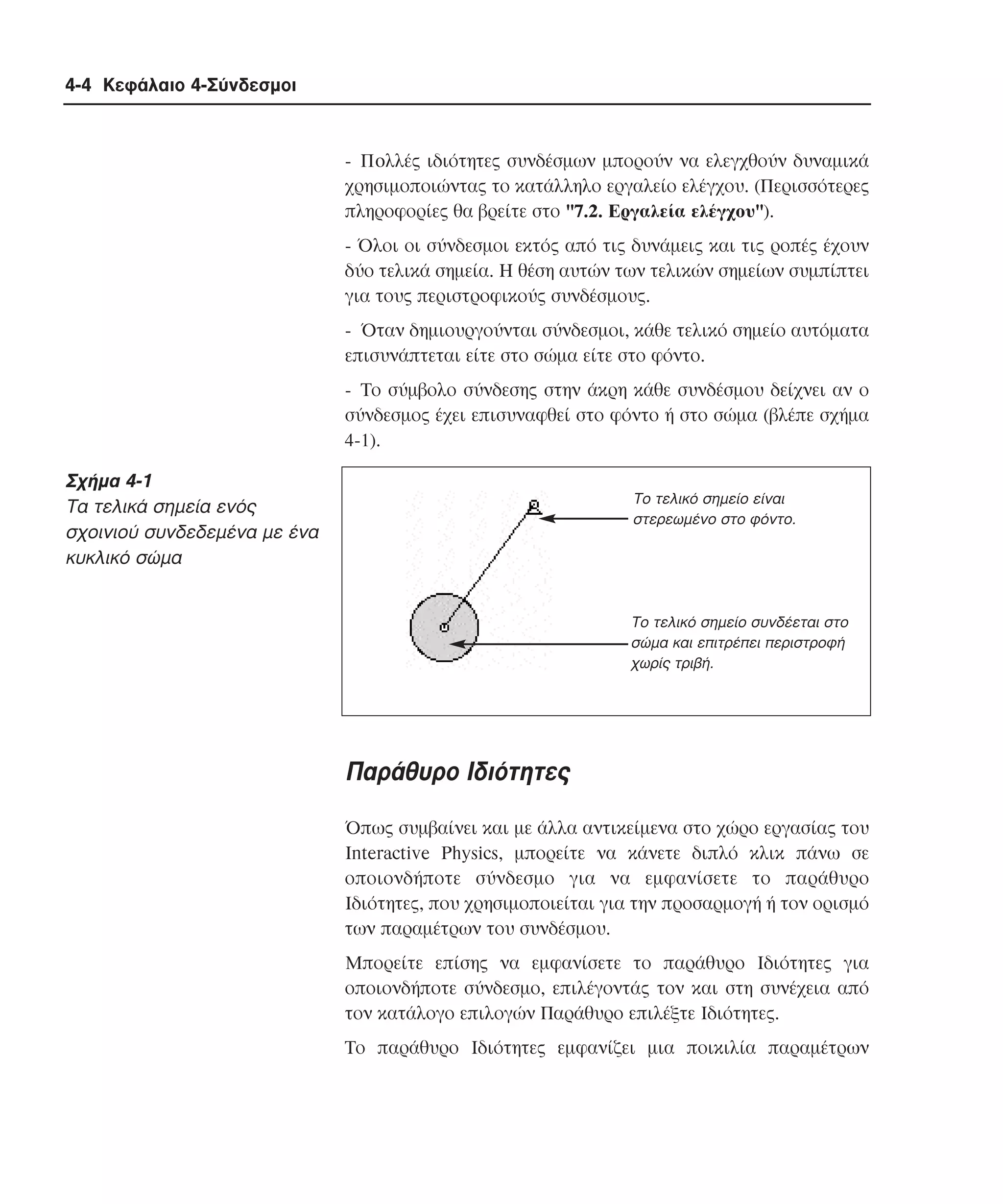 4-4 Κεφάλαιο 4-Σύνδεσµοι

- Πoλλές ιδιότητες συνδέσµων µπορούν να ελεγχθούν δυναµικά
χρησιµοποιώντας το κατάλληλο εργαλείο ελέγχου. (Περισσότερες
πληροφορίες θα βρείτε στο "7.2. Eργαλεία ελέγχου").
- Όλοι οι σύνδεσµοι εκτός από τις δυνάµεις και τις ροπές έχουν
δύο τελικά σηµεία. H θέση αυτών των τελικών σηµείων συµπίπτει
για τους περιστροφικούς συνδέσµους.
- Όταν δηµιουργούνται σύνδεσµοι, κάθε τελικό σηµείο αυτόµατα
επισυνάπτεται είτε στο σώµα είτε στο φόντο.
- Tο σύµβολο σύνδεσης στην άκρη κάθε συνδέσµου δείχνει αν ο
σύνδεσµος έχει επισυναφθεί στο φόντο ή στο σώµα (βλέπε σχήµα
4-1).

Σχήµα 4-1
Tα τελικά σηµεία ενός
σχοινιού συνδεδεµένα µε ένα
κυκλικό σώµα

Το τελικό σηµείο είναι
στερεωµένο στο φόντο.

Το τελικό σηµείο συνδέεται στο
σώµα και επιτρέπει περιστροφή
χωρίς τριβή.

Παράθυρο Iδιότητες
Όπως συµβαίνει και µε άλλα αντικείµενα στο χώρο εργασίας του
Interactive Physics, µπορείτε να κάνετε διπλό κλικ πάνω σε
οποιονδήποτε σύνδεσµο για να εµφανίσετε το παράθυρο
Iδιότητες, που χρησιµοποιείται για την προσαρµογή ή τον ορισµό
των παραµέτρων του συνδέσµου.
Mπορείτε επίσης να εµφανίσετε το παράθυρο Iδιότητες για
οποιονδήποτε σύνδεσµο, επιλέγοντάς τον και στη συνέχεια από
τον κατάλογο επιλογών Παράθυρο επιλέξτε Iδιότητες.
Tο παράθυρο Iδιότητες εµφανίζει µια ποικιλία παραµέτρων

 