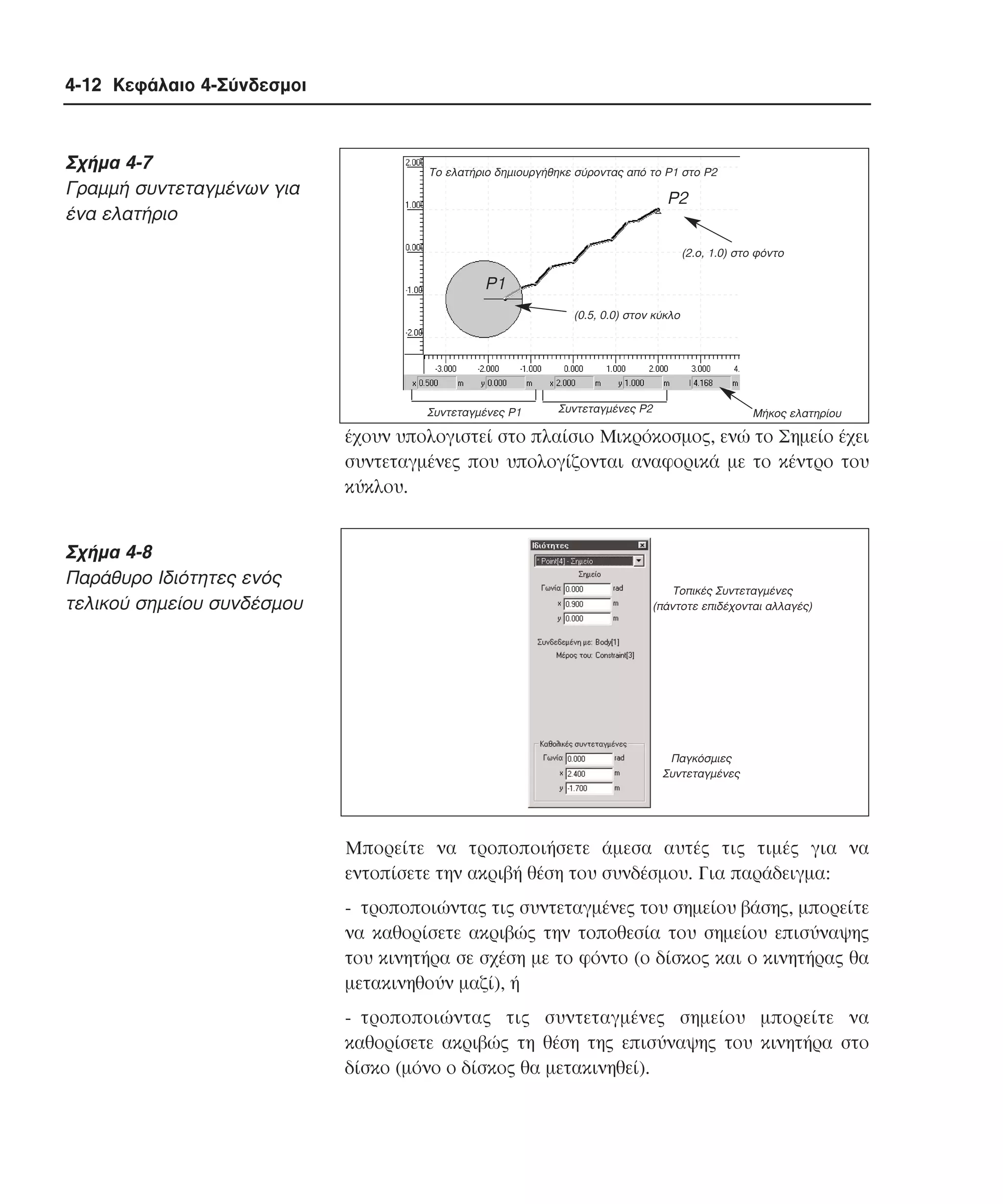 4-12 Κεφάλαιο 4-Σύνδεσµοι

Σχήµα 4-7
Γραµµή συντεταγµένων για
ένα ελατήριο

Το ελατήριο δηµιουργήθηκε σύροντας από το Ρ1 στο Ρ2

Ρ2
(2.ο, 1.0) στο φόντο

Ρ1
(0.5, 0.0) στον κύκλο

Συντεταγµένες Ρ1

Συντεταγµένες Ρ2

Μήκος ελατηρίου

έχουν υπολογιστεί στο πλαίσιο Mικρόκοσµος, ενώ το Σηµείο έχει
συντεταγµένες που υπολογίζονται αναφορικά µε το κέντρο του
κύκλου.

Σχήµα 4-8
Παράθυρο Iδιότητες ενός
τελικού σηµείου συνδέσµου

Τοπικές Συντεταγµένες
(πάντοτε επιδέχονται αλλαγές)

Παγκόσµιες
Συντεταγµένες

Mπορείτε να τροποποιήσετε άµεσα αυτές τις τιµές για να
εντοπίσετε την ακριβή θέση του συνδέσµου. Για παράδειγµα:
- τροποποιώντας τις συντεταγµένες του σηµείου βάσης, µπορείτε
να καθορίσετε ακριβώς την τοποθεσία του σηµείου επισύναψης
του κινητήρα σε σχέση µε το φόντο (ο δίσκος και ο κινητήρας θα
µετακινηθούν µαζί), ή
- τροποποιώντας τις συντεταγµένες σηµείου µπορείτε να
καθορίσετε ακριβώς τη θέση της επισύναψης του κινητήρα στο
δίσκο (µόνο ο δίσκος θα µετακινηθεί).

 