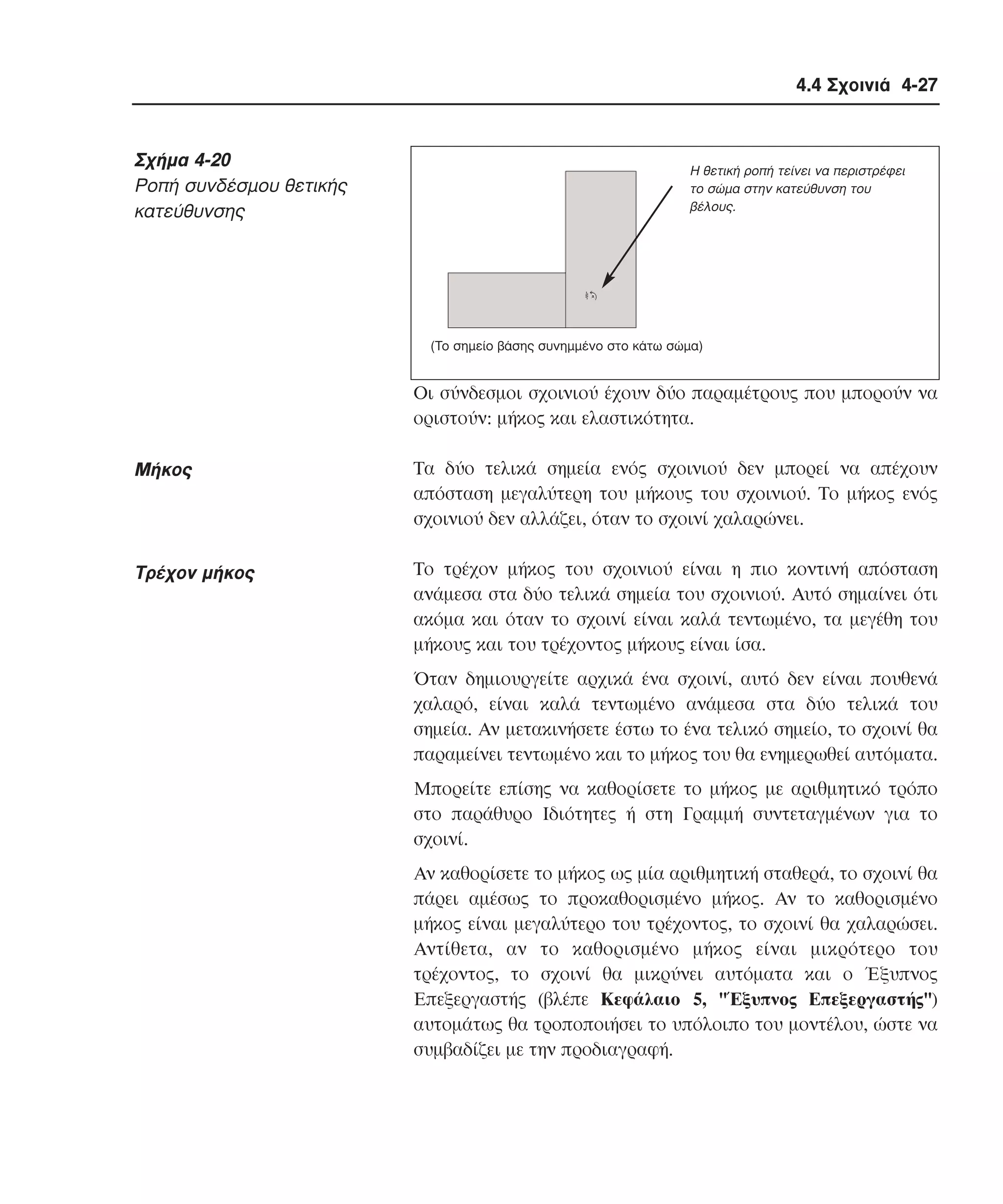 4.4 Σχοινιά 4-27

Σχήµα 4-20
Pοπή συνδέσµου θετικής
κατεύθυνσης

H θετική ροπή τείνει να περιστρέφει
το σώµα στην κατεύθυνση του
βέλους.

(Tο σηµείο βάσης συνηµµένο στο κάτω σώµα)

Oι σύνδεσµοι σχοινιού έχουν δύο παραµέτρους που µπορούν να
οριστούν: µήκος και ελαστικότητα.

Mήκος

Tα δύο τελικά σηµεία ενός σχοινιού δεν µπορεί να απέχουν
απόσταση µεγαλύτερη του µήκους του σχοινιού. Tο µήκος ενός
σχοινιού δεν αλλάζει, όταν το σχοινί χαλαρώνει.

Tρέχον µήκος

Tο τρέχον µήκος του σχοινιού είναι η πιο κοντινή απόσταση
ανάµεσα στα δύο τελικά σηµεία του σχοινιού. Aυτό σηµαίνει ότι
ακόµα και όταν το σχοινί είναι καλά τεντωµένο, τα µεγέθη του
µήκους και του τρέχοντος µήκους είναι ίσα.
Όταν δηµιουργείτε αρχικά ένα σχοινί, αυτό δεν είναι πουθενά
χαλαρό, είναι καλά τεντωµένο ανάµεσα στα δύο τελικά του
σηµεία. Aν µετακινήσετε έστω το ένα τελικό σηµείο, το σχοινί θα
παραµείνει τεντωµένο και το µήκος του θα ενηµερωθεί αυτόµατα.
Mπορείτε επίσης να καθορίσετε το µήκος µε αριθµητικό τρόπο
στο παράθυρο Iδιότητες ή στη Γραµµή συντεταγµένων για το
σχοινί.
Aν καθορίσετε το µήκος ως µία αριθµητική σταθερά, το σχοινί θα
πάρει αµέσως το προκαθορισµένο µήκος. Aν το καθορισµένο
µήκος είναι µεγαλύτερο του τρέχοντος, το σχοινί θα χαλαρώσει.
Aντίθετα, αν το καθορισµένο µήκος είναι µικρότερο του
τρέχοντος, το σχοινί θα µικρύνει αυτόµατα και ο Έξυπνος
Eπεξεργαστής (βλέπε Kεφάλαιο 5, "Έξυπνος Eπεξεργαστής")
αυτοµάτως θα τροποποιήσει το υπόλοιπο του µοντέλου, ώστε να
συµβαδίζει µε την προδιαγραφή.

 