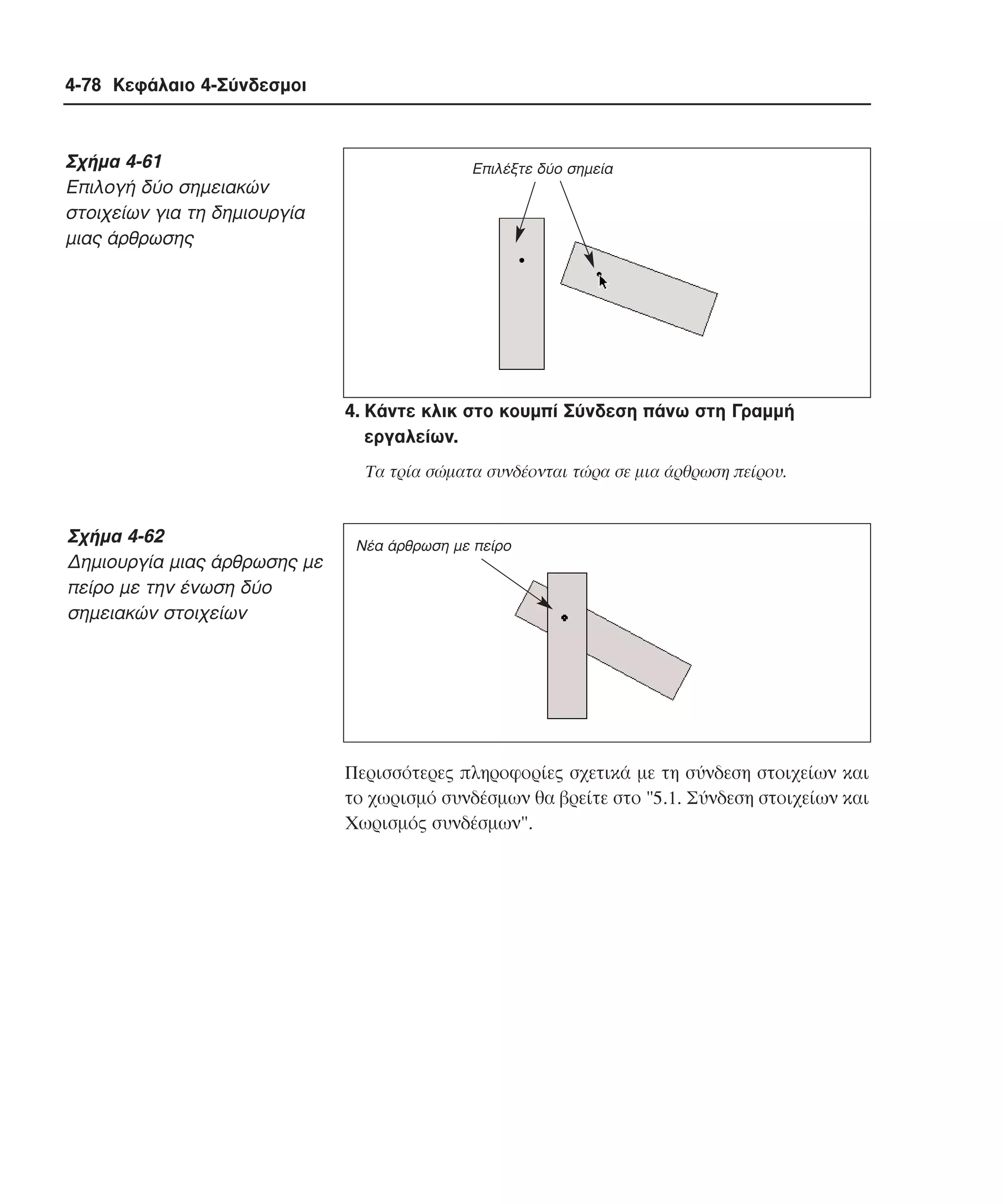 4-78 Κεφάλαιο 4-Σύνδεσµοι

Σχήµα 4-61
Eπιλογή δύο σηµειακών
στοιχείων για τη δηµιουργία
µιας άρθρωσης

Επιλέξτε δύο σηµεία

4. Kάντε κλικ στο κουµπί Σύνδεση πάνω στη Γραµµή
εργαλείων.
Tα τρία σώµατα συνδέονται τώρα σε µια άρθρωση πείρου.

Σχήµα 4-62
∆ηµιουργία µιας άρθρωσης µε
πείρο µε την ένωση δύο
σηµειακών στοιχείων

Νέα άρθρωση µε πείρο

Περισσότερες πληροφορίες σχετικά µε τη σύνδεση στοιχείων και
το χωρισµό συνδέσµων θα βρείτε στο "5.1. Σύνδεση στοιχείων και
Xωρισµός συνδέσµων".

 