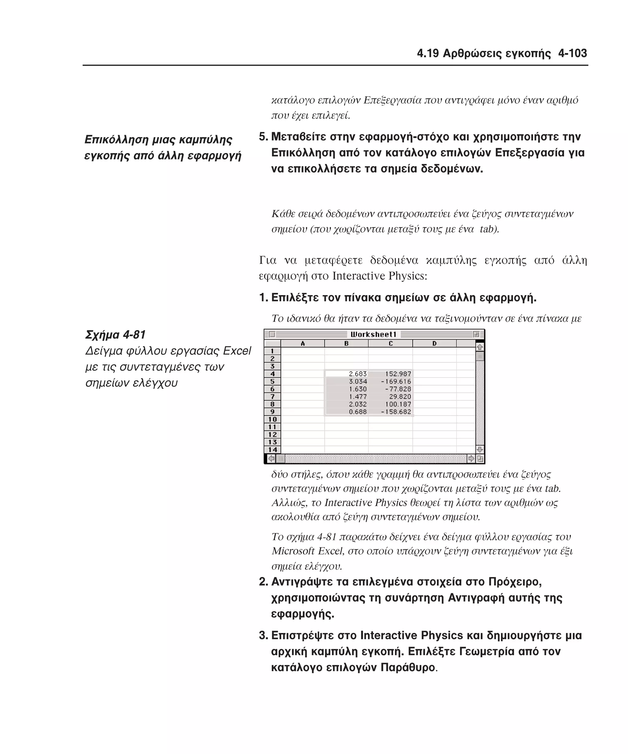 4.19 Αρθρώσεις εγκοπής 4-103

κατάλογο επιλογών Eπεξεργασία που αντιγράφει µόνο έναν αριθµό
που έχει επιλεγεί.

Eπικόλληση µιας καµπύλης
εγκοπής από άλλη εφαρµογή

5. Mεταβείτε στην εφαρµογή-στόχο και χρησιµοποιήστε την
Eπικόλληση από τον κατάλογο επιλογών Eπεξεργασία για
να επικολλήσετε τα σηµεία δεδοµένων.

Kάθε σειρά δεδοµένων αντιπροσωπεύει ένα ζεύγος συντεταγµένων
σηµείου (που χωρίζονται µεταξύ τους µε ένα tab).

Για να µεταφέρετε δεδοµένα καµπύλης εγκοπής από άλλη
εφαρµογή στο Interactive Physics:
1. Eπιλέξτε τον πίνακα σηµείων σε άλλη εφαρµογή.
Tο ιδανικό θα ήταν τα δεδοµένα να ταξινοµούνταν σε ένα πίνακα µε

Σχήµα 4-81
∆είγµα φύλλου εργασίας Excel
µε τις συντεταγµένες των
σηµείων ελέγχου

δύο στήλες, όπου κάθε γραµµή θα αντιπροσωπεύει ένα ζεύγος
συντεταγµένων σηµείου που χωρίζονται µεταξύ τους µε ένα tab.
Aλλιώς, το Interactive Physics θεωρεί τη λίστα των αριθµών ως
ακολουθία από ζεύγη συντεταγµένων σηµείου.
Tο σχήµα 4-81 παρακάτω δείχνει ένα δείγµα φύλλου εργασίας του
Microsoft Excel, στο οποίο υπάρχουν ζεύγη συντεταγµένων για έξι
σηµεία ελέγχου.

2. Aντιγράψτε τα επιλεγµένα στοιχεία στο Πρόχειρο,
χρησιµοποιώντας τη συνάρτηση Aντιγραφή αυτής της
εφαρµογής.
3. Eπιστρέψτε στο Interactive Physics και δηµιουργήστε µια
αρχική καµπύλη εγκοπή. Eπιλέξτε Γεωµετρία από τον
κατάλογο επιλογών Παράθυρο.

 