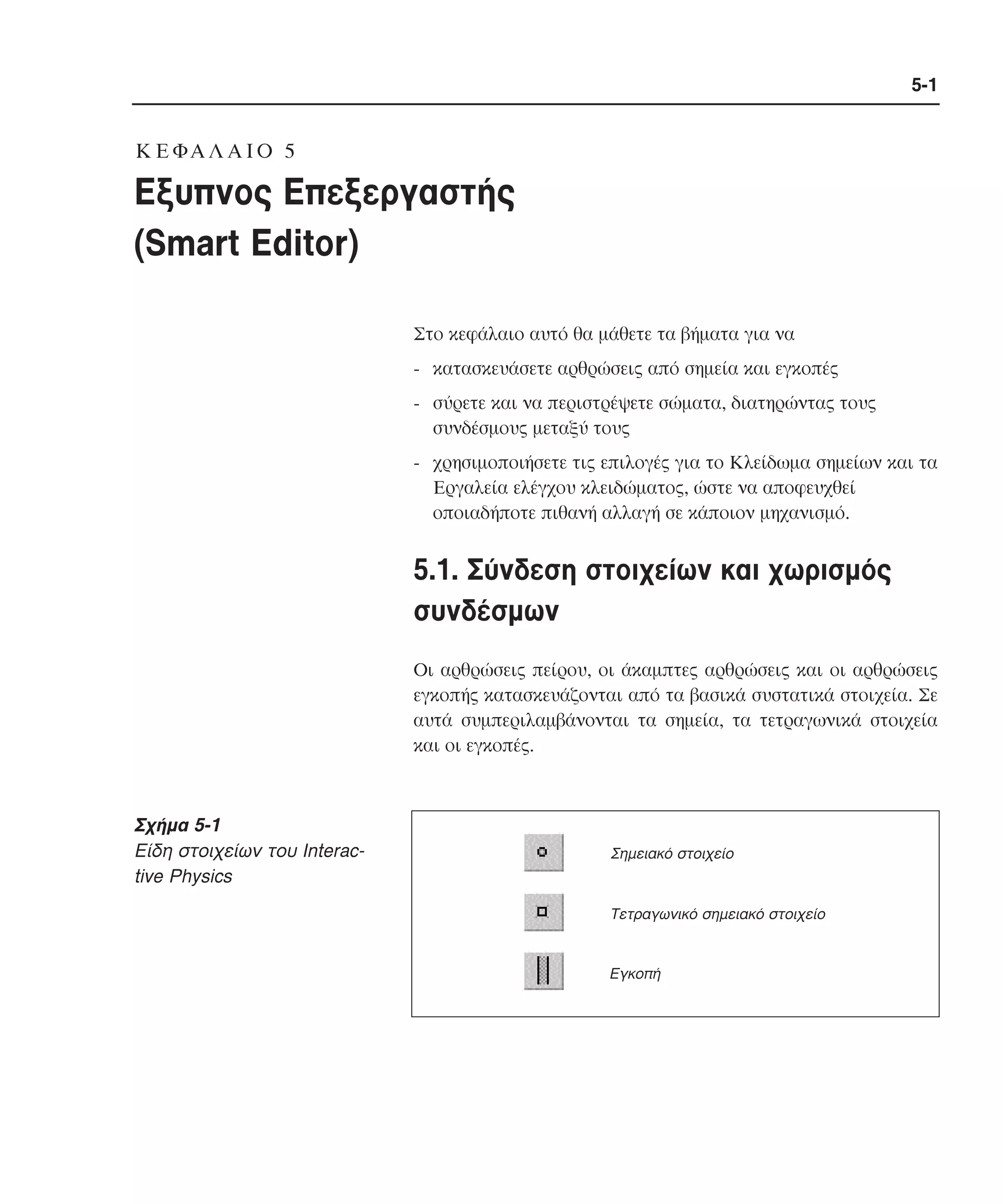 5-1

K Ε ΦΑ Λ Α Ι Ο 5

Εξυπνος Επεξεργαστής
(Smart Editor)
Στο κεφάλαιο αυτό θα µάθετε τα βήµατα για να
- κατασκευάσετε αρθρώσεις από σηµεία και εγκοπές
- σύρετε και να περιστρέψετε σώµατα, διατηρώντας τους
συνδέσµους µεταξύ τους
- χρησιµοποιήσετε τις επιλογές για το Kλείδωµα σηµείων και τα
Eργαλεία ελέγχου κλειδώµατος, ώστε να αποφευχθεί
οποιαδήποτε πιθανή αλλαγή σε κάποιον µηχανισµό.

5.1. Σύνδεση στοιχείων και χωρισµός
συνδέσµων
Oι αρθρώσεις πείρου, οι άκαµπτες αρθρώσεις και οι αρθρώσεις
εγκοπής κατασκευάζονται από τα βασικά συστατικά στοιχεία. Σε
αυτά συµπεριλαµβάνονται τα σηµεία, τα τετραγωνικά στοιχεία
και οι εγκοπές.

Σχήµα 5-1
Eίδη στοιχείων του Interactive Physics

Σηµειακό στοιχείο

Τετραγωνικό σηµειακό στοιχείο

Εγκοπή

 