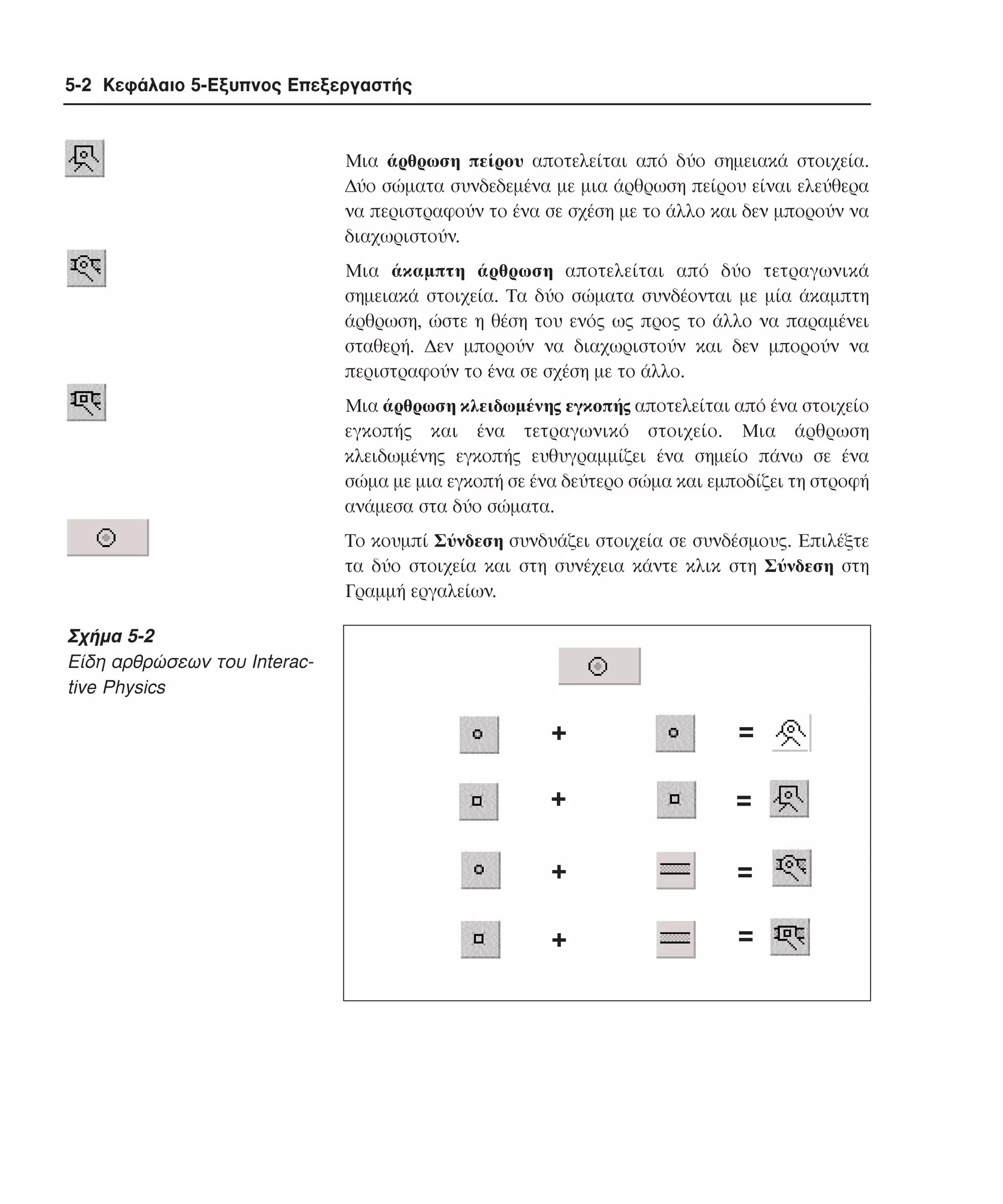 5-2 Κεφάλαιο 5-Εξυπνος Επεξεργαστής

Mια άρθρωση πείρου αποτελείται από δύο σηµειακά στοιχεία.
∆ύο σώµατα συνδεδεµένα µε µια άρθρωση πείρου είναι ελεύθερα
να περιστραφούν το ένα σε σχέση µε το άλλο και δεν µπορούν να
διαχωριστούν.
Mια άκαµπτη άρθρωση αποτελείται από δύο τετραγωνικά
σηµειακά στοιχεία. Tα δύο σώµατα συνδέονται µε µία άκαµπτη
άρθρωση, ώστε η θέση του ενός ως προς το άλλο να παραµένει
σταθερή. ∆εν µπορούν να διαχωριστούν και δεν µπορούν να
περιστραφούν το ένα σε σχέση µε το άλλο.
Mια άρθρωση κλειδωµένης εγκοπής αποτελείται από ένα στοιχείο
εγκοπής και ένα τετραγωνικό στοιχείο. Mια άρθρωση
κλειδωµένης εγκοπής ευθυγραµµίζει ένα σηµείο πάνω σε ένα
σώµα µε µια εγκοπή σε ένα δεύτερο σώµα και εµποδίζει τη στροφή
ανάµεσα στα δύο σώµατα.
Tο κουµπί Σύνδεση συνδυάζει στοιχεία σε συνδέσµους. Eπιλέξτε
τα δύο στοιχεία και στη συνέχεια κάντε κλικ στη Σύνδεση στη
Γραµµή εργαλείων.

Σχήµα 5-2
Eίδη αρθρώσεων του Interactive Physics

+

=

+

=

+

=

+

=

 