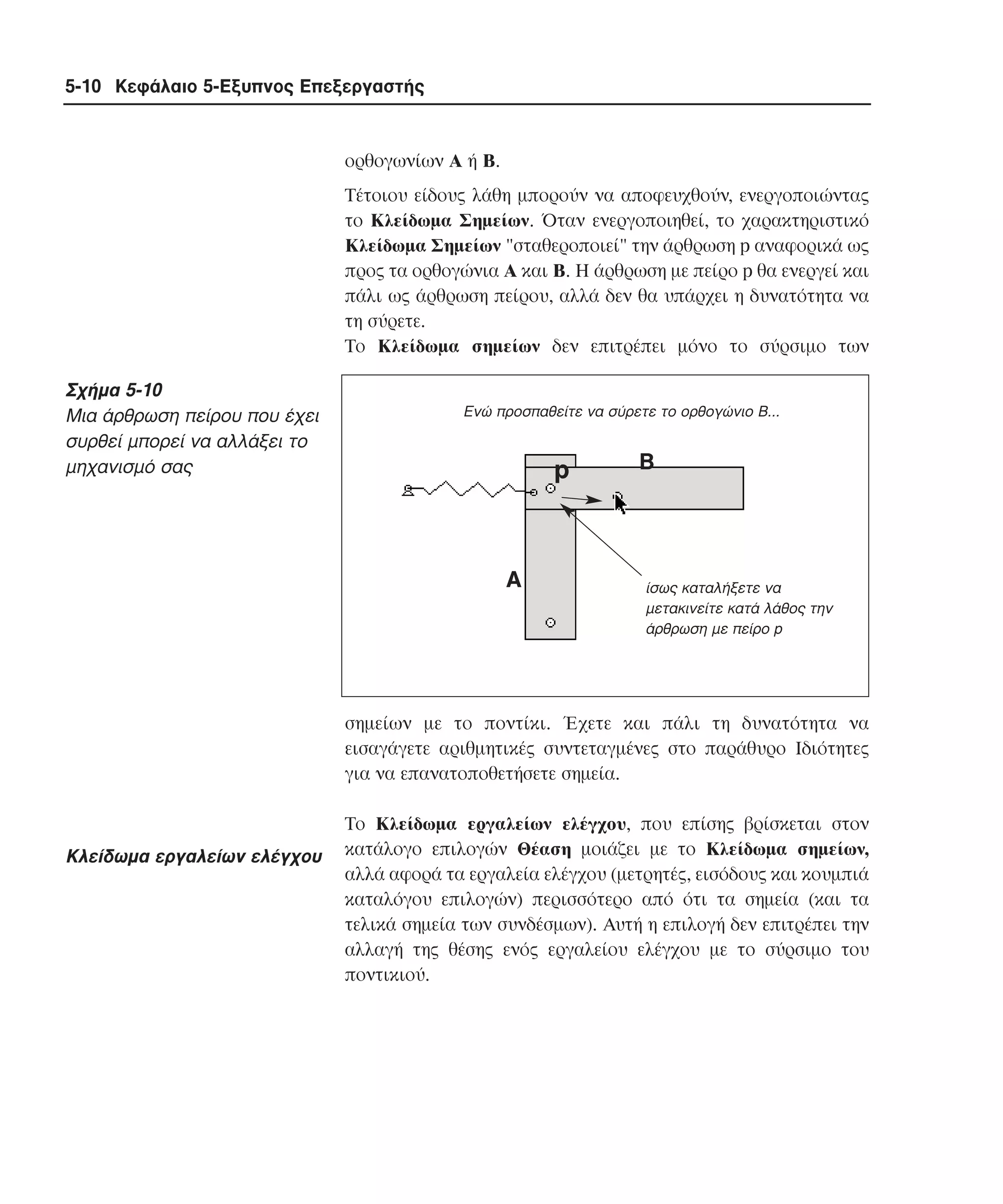5-10 Κεφάλαιο 5-Εξυπνος Επεξεργαστής

ορθογωνίων A ή B.
Tέτοιου είδους λάθη µπορούν να αποφευχθούν, ενεργοποιώντας
το Kλείδωµα Σηµείων. Όταν ενεργοποιηθεί, το χαρακτηριστικό
Kλείδωµα Σηµείων "σταθεροποιεί" την άρθρωση p αναφορικά ως
προς τα ορθογώνια A και B. H άρθρωση µε πείρο p θα ενεργεί και
πάλι ως άρθρωση πείρου, αλλά δεν θα υπάρχει η δυνατότητα να
τη σύρετε.
Tο Kλείδωµα σηµείων δεν επιτρέπει µόνο το σύρσιµο των

Σχήµα 5-10
Mια άρθρωση πείρου που έχει
συρθεί µπορεί να αλλάξει το
µηχανισµό σας

Ενώ προσπαθείτε να σύρετε το ορθογώνιο Β...

p

A

B

ίσως καταλήξετε να
µετακινείτε κατά λάθος την
άρθρωση µε πείρο p

σηµείων µε το ποντίκι. Έχετε και πάλι τη δυνατότητα να
εισαγάγετε αριθµητικές συντεταγµένες στο παράθυρο Iδιότητες
για να επανατοποθετήσετε σηµεία.

Kλείδωµα εργαλείων ελέγχου

Tο Kλείδωµα εργαλείων ελέγχου, που επίσης βρίσκεται στον
κατάλογο επιλογών Θέαση µοιάζει µε το Κλείδωµα σηµείων,
αλλά αφορά τα εργαλεία ελέγχου (µετρητές, εισόδους και κουµπιά
καταλόγου επιλογών) περισσότερο από ότι τα σηµεία (και τα
τελικά σηµεία των συνδέσµων). Aυτή η επιλογή δεν επιτρέπει την
αλλαγή της θέσης ενός εργαλείου ελέγχου µε το σύρσιµο του
ποντικιού.

 