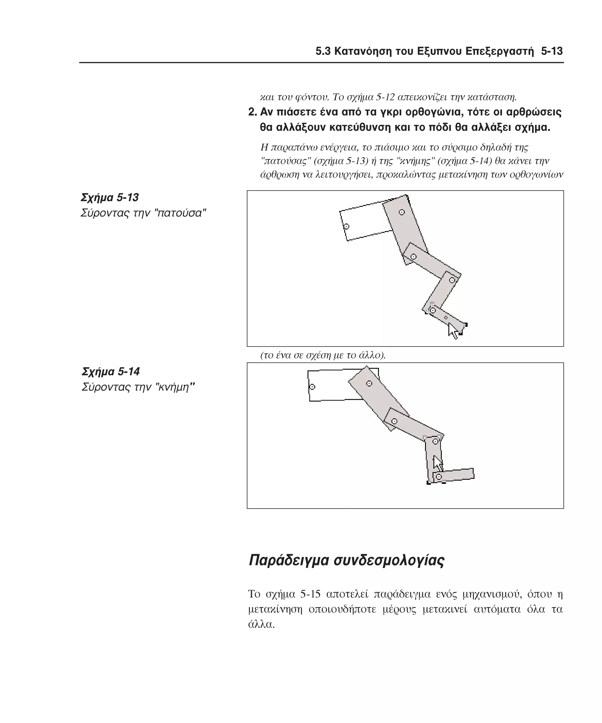 5.3 Κατανόηση του Εξυπνου Επεξεργαστή 5-13

και του φόντου. Tο σχήµα 5-12 απεικονίζει την κατάσταση.

2. Aν πιάσετε ένα από τα γκρι ορθογώνια, τότε οι αρθρώσεις
θα αλλάξουν κατεύθυνση και το πόδι θα αλλάξει σχήµα.
H παραπάνω ενέργεια, το πιάσιµο και το σύρσιµο δηλαδή της
"πατούσας" (σχήµα 5-13) ή της "κνήµης" (σχήµα 5-14) θα κάνει την
άρθρωση να λειτουργήσει, προκαλώντας µετακίνηση των ορθογωνίων

Σχήµα 5-13
Σύροντας την "πατούσα"

(το ένα σε σχέση µε το άλλο).

Σχήµα 5-14
Σύροντας την "κνήµη"

Παράδειγµα συνδεσµολογίας
Tο σχήµα 5-15 αποτελεί παράδειγµα ενός µηχανισµού, όπου η
µετακίνηση οποιουδήποτε µέρους µετακινεί αυτόµατα όλα τα
άλλα.

 