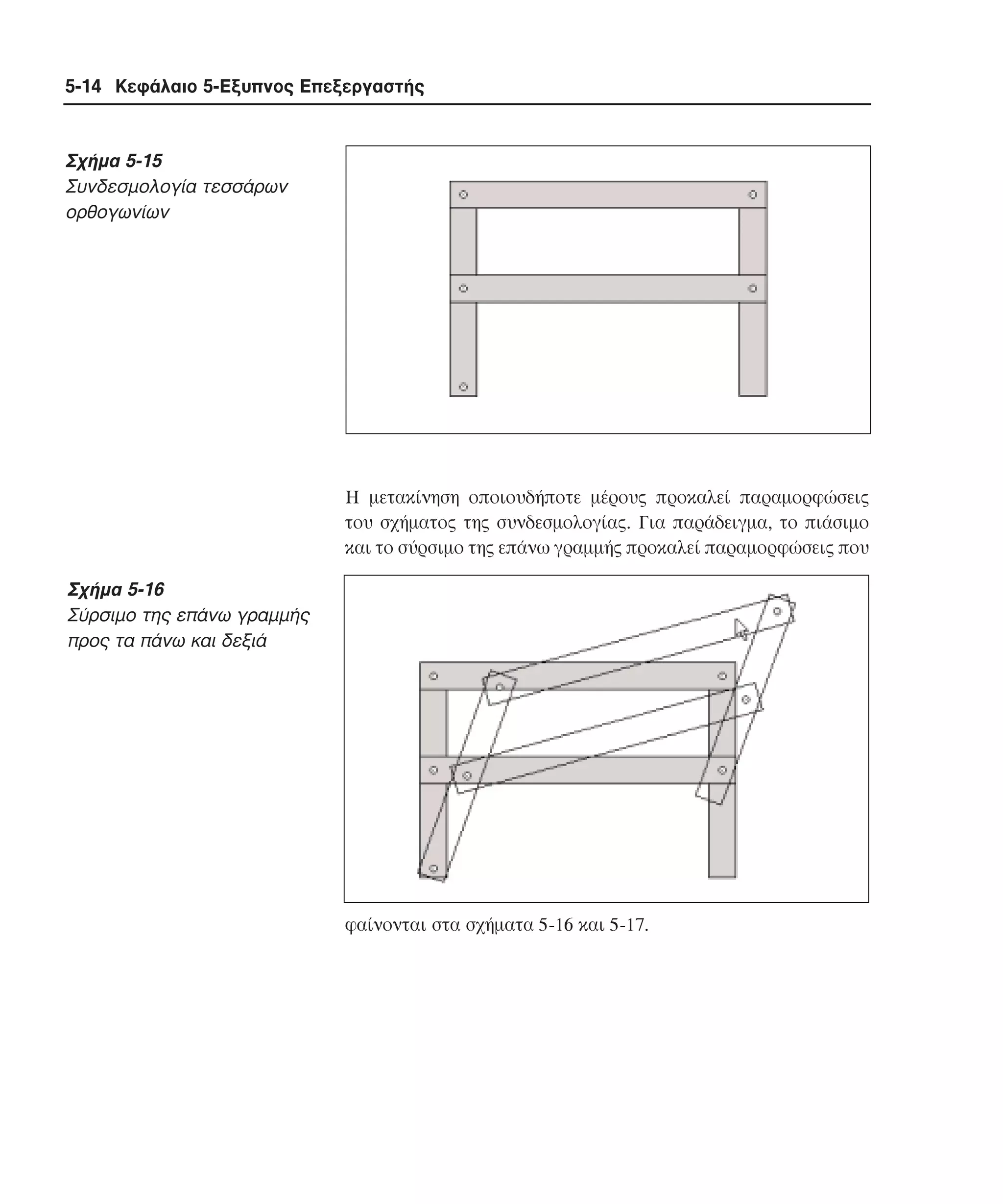 5-14 Κεφάλαιο 5-Εξυπνος Επεξεργαστής

Σχήµα 5-15
Συνδεσµολογία τεσσάρων
ορθογωνίων

H µετακίνηση οποιουδήποτε µέρους προκαλεί παραµορφώσεις
του σχήµατος της συνδεσµολογίας. Για παράδειγµα, το πιάσιµο
και το σύρσιµο της επάνω γραµµής προκαλεί παραµορφώσεις που

Σχήµα 5-16
Σύρσιµο της επάνω γραµµής
προς τα πάνω και δεξιά

φαίνονται στα σχήµατα 5-16 και 5-17.

 