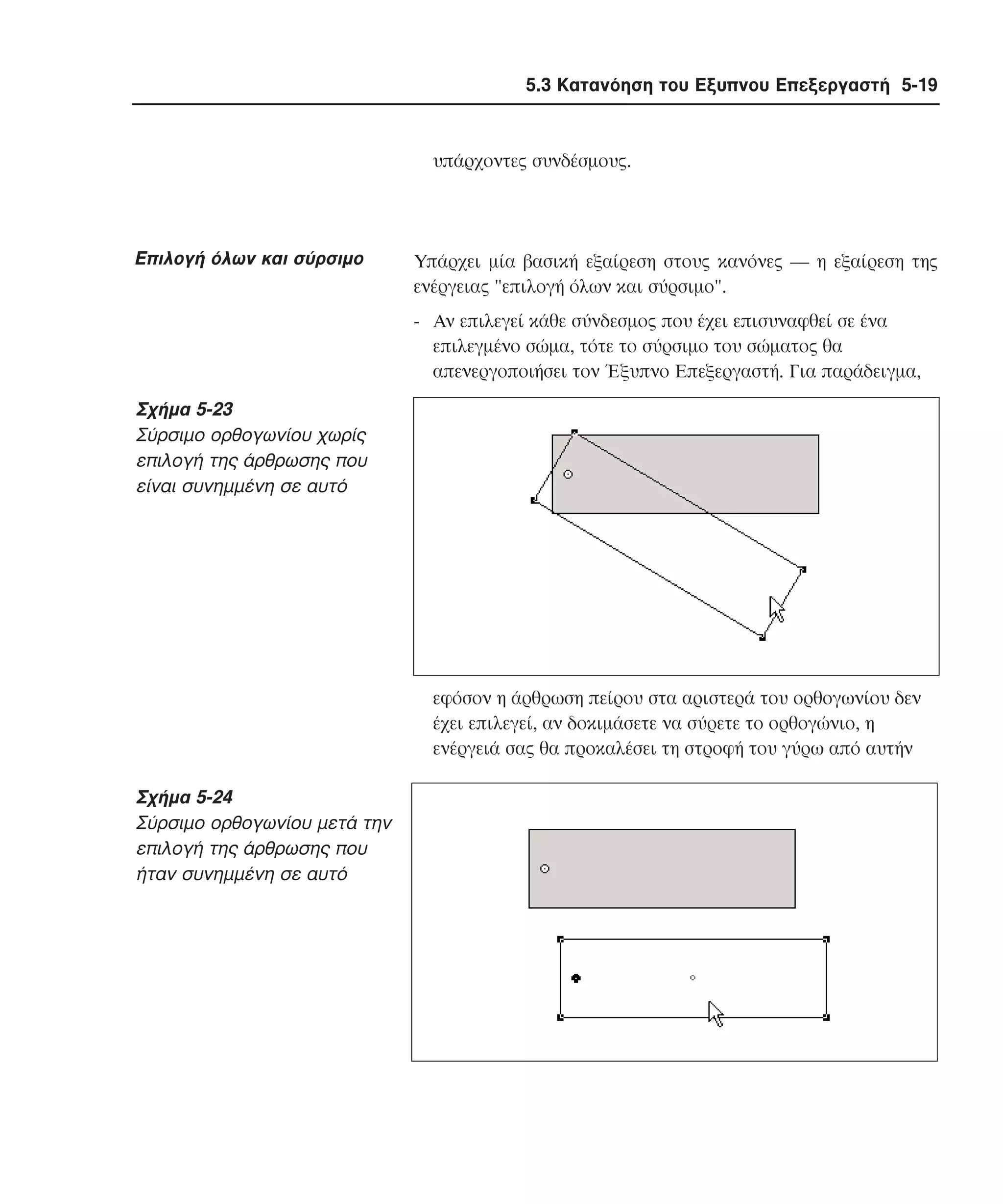 5.3 Κατανόηση του Εξυπνου Επεξεργαστή 5-19

υπάρχοντες συνδέσµους.

Eπιλογή όλων και σύρσιµο

Yπάρχει µία βασική εξαίρεση στους κανόνες ― η εξαίρεση της
ενέργειας "επιλογή όλων και σύρσιµο".
- Aν επιλεγεί κάθε σύνδεσµος που έχει επισυναφθεί σε ένα
επιλεγµένο σώµα, τότε το σύρσιµο του σώµατος θα
απενεργοποιήσει τον Έξυπνο Eπεξεργαστή. Για παράδειγµα,

Σχήµα 5-23
Σύρσιµο ορθογωνίου χωρίς
επιλογή της άρθρωσης που
είναι συνηµµένη σε αυτό

εφόσον η άρθρωση πείρου στα αριστερά του ορθογωνίου δεν
έχει επιλεγεί, αν δοκιµάσετε να σύρετε το ορθογώνιο, η
ενέργειά σας θα προκαλέσει τη στροφή του γύρω από αυτήν

Σχήµα 5-24
Σύρσιµο ορθογωνίου µετά την
επιλογή της άρθρωσης που
ήταν συνηµµένη σε αυτό

 
