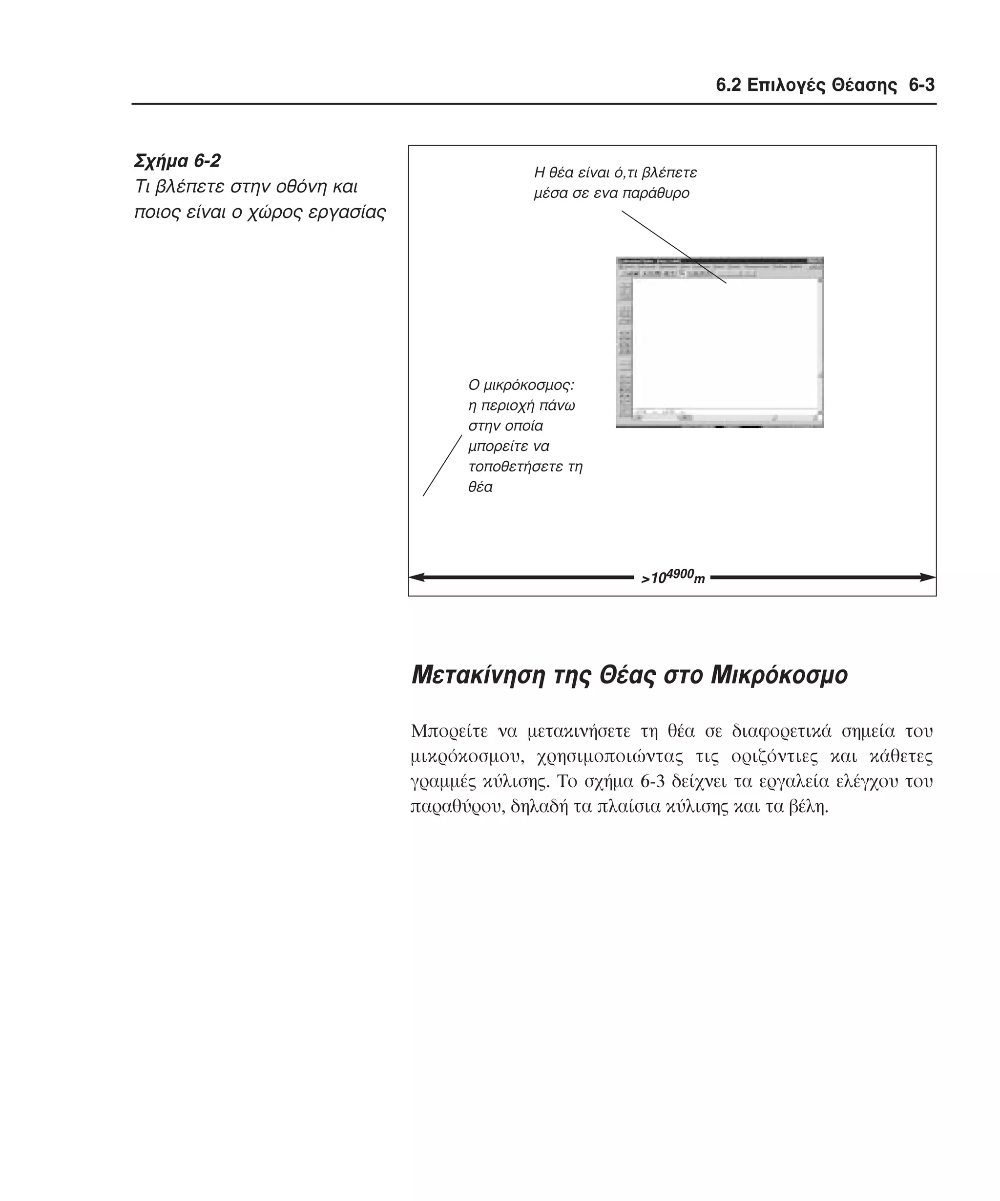 6.2 Επιλογές Θέασης 6-3

Σχήµα 6-2
Tι βλέπετε στην οθόνη και
ποιος είναι ο χώρος εργασίας

Η θέα είναι ό,τι βλέπετε
µέσα σε ενα παράθυρο

Ο µικρόκοσµος:
η περιοχή πάνω
στην οποία
µπορείτε να
τοποθετήσετε τη
θέα

>104900m

Mετακίνηση της Θέας στο Mικρόκοσµο
Mπορείτε να µετακινήσετε τη θέα σε διαφορετικά σηµεία του
µικρόκοσµου, χρησιµοποιώντας τις οριζόντιες και κάθετες
γραµµές κύλισης. Tο σχήµα 6-3 δείχνει τα εργαλεία ελέγχου του
παραθύρου, δηλαδή τα πλαίσια κύλισης και τα βέλη.

 