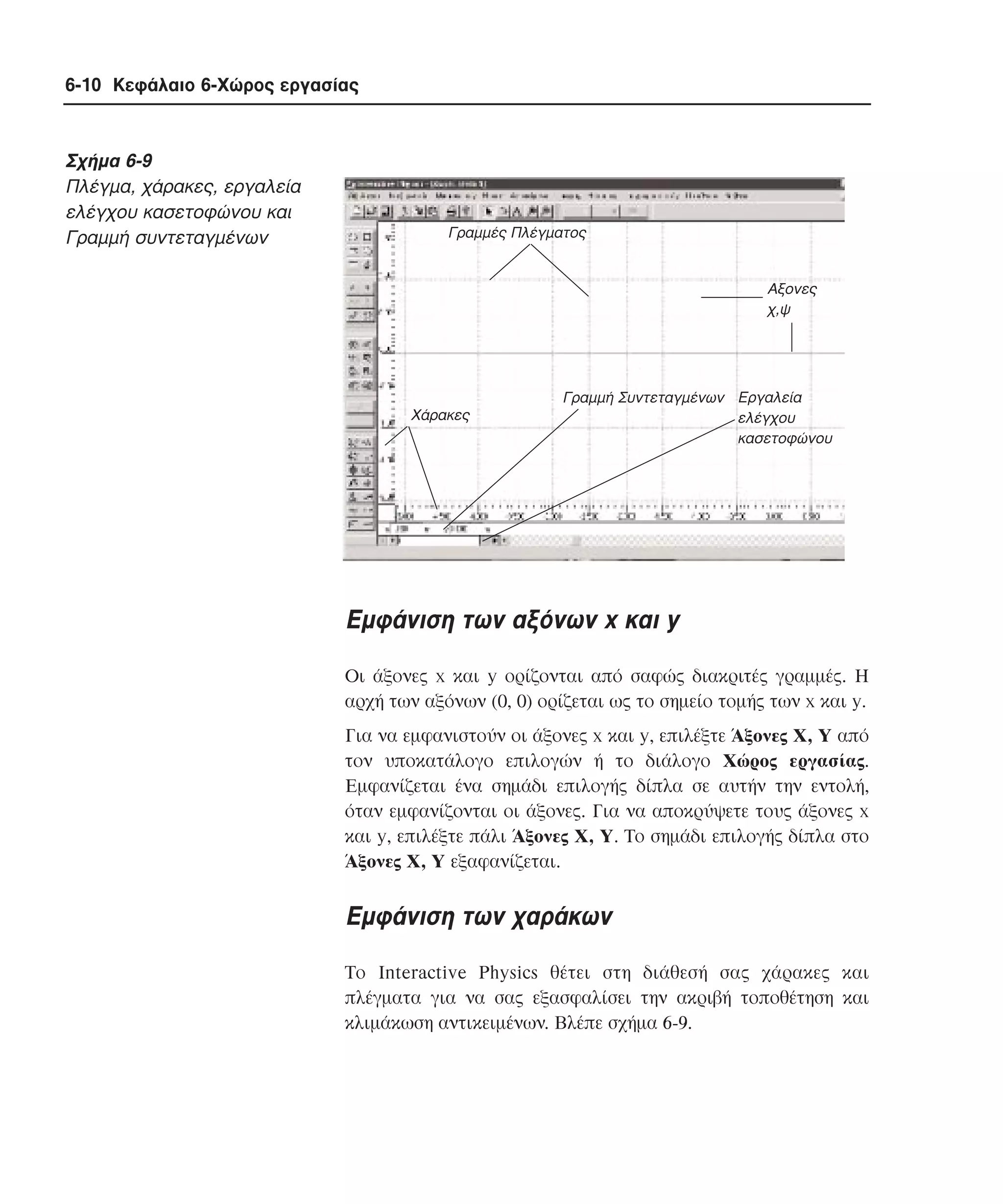 6-10 Κεφάλαιο 6-Χώρος εργασίας

Σχήµα 6-9
Πλέγµα, χάρακες, εργαλεία
ελέγχου κασετοφώνου και
Γραµµή συντεταγµένων

Γραµµές Πλέγµατος

Αξονες
χ,ψ

Χάρακες

Γραµµή Συντεταγµένων Εργαλεία
ελέγχου
κασετοφώνου

Eµφάνιση των αξόνων x και y
Oι άξονες x και y ορίζονται από σαφώς διακριτές γραµµές. H
αρχή των αξόνων (0, 0) ορίζεται ως το σηµείο τοµής των x και y.
Για να εµφανιστούν οι άξονες x και y, επιλέξτε Άξονες X, Y από
τον υποκατάλογο επιλογών ή το διάλογο Xώρος εργασίας.
Eµφανίζεται ένα σηµάδι επιλογής δίπλα σε αυτήν την εντολή,
όταν εµφανίζονται οι άξονες. Για να αποκρύψετε τους άξονες x
και y, επιλέξτε πάλι Άξονες X, Y. Tο σηµάδι επιλογής δίπλα στο
Άξονες X, Y εξαφανίζεται.

Eµφάνιση των χαράκων
Tο Interactive Physics θέτει στη διάθεσή σας χάρακες και
πλέγµατα για να σας εξασφαλίσει την ακριβή τοποθέτηση και
κλιµάκωση αντικειµένων. Bλέπε σχήµα 6-9.

 