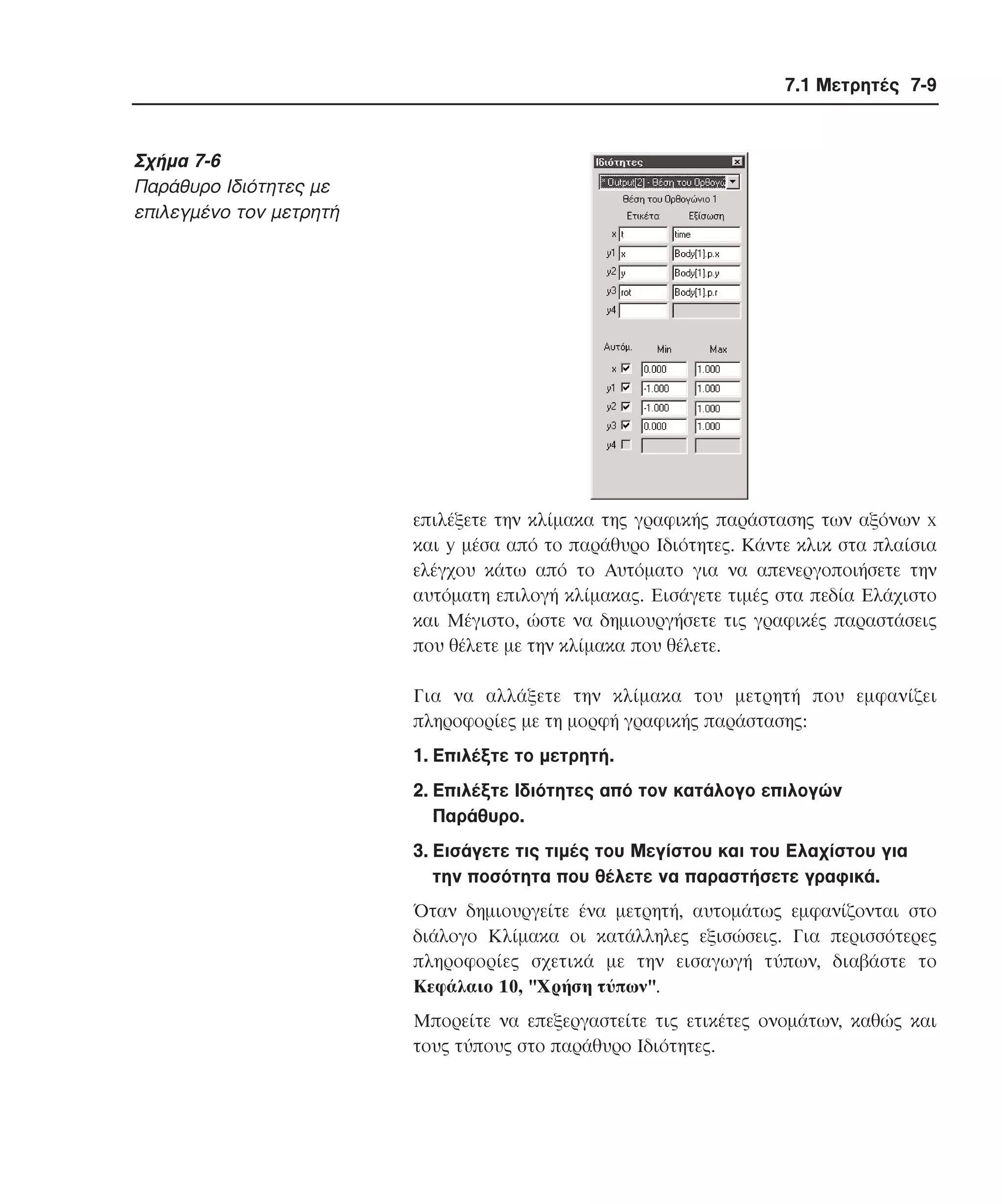 7.1 Μετρητές 7-9

Σχήµα 7-6
Παράθυρο Iδιότητες µε
επιλεγµένο τον µετρητή

επιλέξετε την κλίµακα της γραφικής παράστασης των αξόνων x
και y µέσα από το παράθυρο Iδιότητες. Kάντε κλικ στα πλαίσια
ελέγχου κάτω από το Aυτόµατο για να απενεργοποιήσετε την
αυτόµατη επιλογή κλίµακας. Eισάγετε τιµές στα πεδία Eλάχιστο
και Mέγιστο, ώστε να δηµιουργήσετε τις γραφικές παραστάσεις
που θέλετε µε την κλίµακα που θέλετε.
Για να αλλάξετε την κλίµακα του µετρητή που εµφανίζει
πληροφορίες µε τη µορφή γραφικής παράστασης:
1. Eπιλέξτε το µετρητή.
2. Eπιλέξτε Iδιότητες από τον κατάλογο επιλογών
Παράθυρο.
3. Eισάγετε τις τιµές του Mεγίστου και του Eλαχίστου για
την ποσότητα που θέλετε να παραστήσετε γραφικά.
Όταν δηµιουργείτε ένα µετρητή, αυτοµάτως εµφανίζονται στο
διάλογο Kλίµακα οι κατάλληλες εξισώσεις. Για περισσότερες
πληροφορίες σχετικά µε την εισαγωγή τύπων, διαβάστε το
Kεφάλαιο 10, "Xρήση τύπων".
Mπορείτε να επεξεργαστείτε τις ετικέτες ονοµάτων, καθώς και
τους τύπους στο παράθυρο Iδιότητες.

 