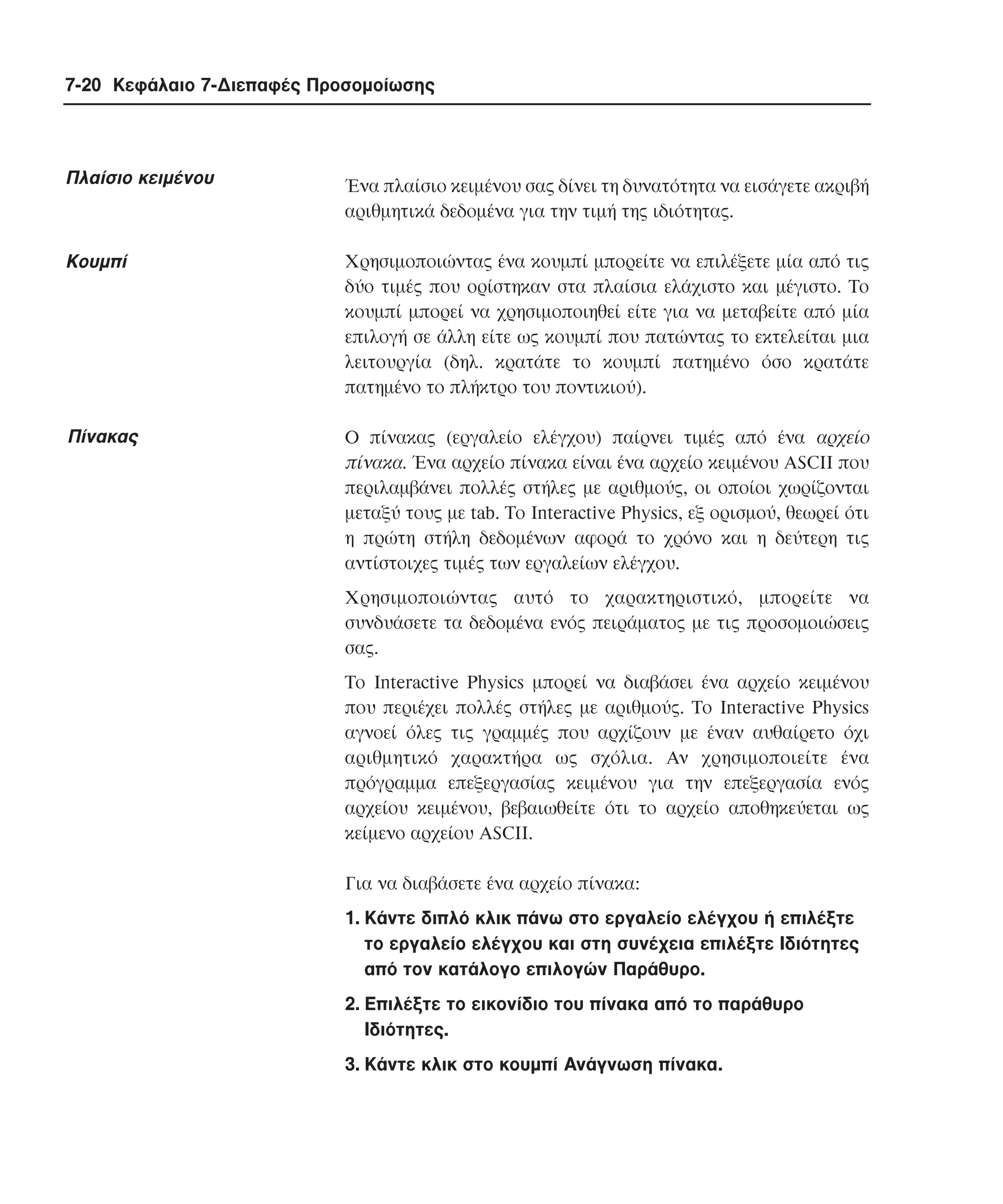7-20 Κεφάλαιο 7-∆ιεπαφές Προσοµοίωσης

Πλαίσιο κειµένου

Ένα πλαίσιο κειµένου σας δίνει τη δυνατότητα να εισάγετε ακριβή
αριθµητικά δεδοµένα για την τιµή της ιδιότητας.

Kουµπί

Xρησιµοποιώντας ένα κουµπί µπορείτε να επιλέξετε µία από τις
δύο τιµές που ορίστηκαν στα πλαίσια ελάχιστο και µέγιστο. Tο
κουµπί µπορεί να χρησιµοποιηθεί είτε για να µεταβείτε από µία
επιλογή σε άλλη είτε ως κουµπί που πατώντας το εκτελείται µια
λειτουργία (δηλ. κρατάτε το κουµπί πατηµένο όσο κρατάτε
πατηµένο το πλήκτρο του ποντικιού).

Πίνακας

O πίνακας (εργαλείο ελέγχου) παίρνει τιµές από ένα αρχείο
πίνακα. Ένα αρχείο πίνακα είναι ένα αρχείο κειµένου ASCII που
περιλαµβάνει πολλές στήλες µε αριθµούς, οι οποίοι χωρίζονται
µεταξύ τους µε tab. Tο Interactive Physics, εξ ορισµού, θεωρεί ότι
η πρώτη στήλη δεδοµένων αφορά το χρόνο και η δεύτερη τις
αντίστοιχες τιµές των εργαλείων ελέγχου.
Xρησιµοποιώντας αυτό το χαρακτηριστικό, µπορείτε να
συνδυάσετε τα δεδοµένα ενός πειράµατος µε τις προσοµοιώσεις
σας.
Tο Interactive Physics µπορεί να διαβάσει ένα αρχείο κειµένου
που περιέχει πολλές στήλες µε αριθµούς. Tο Interactive Physics
αγνοεί όλες τις γραµµές που αρχίζουν µε έναν αυθαίρετο όχι
αριθµητικό χαρακτήρα ως σχόλια. Aν χρησιµοποιείτε ένα
πρόγραµµα επεξεργασίας κειµένου για την επεξεργασία ενός
αρχείου κειµένου, βεβαιωθείτε ότι το αρχείο αποθηκεύεται ως
κείµενο αρχείου ASCII.
Για να διαβάσετε ένα αρχείο πίνακα:
1. Kάντε διπλό κλικ πάνω στο εργαλείο ελέγχου ή επιλέξτε
το εργαλείο ελέγχου και στη συνέχεια επιλέξτε Iδιότητες
από τον κατάλογο επιλογών Παράθυρο.
2. Eπιλέξτε το εικονίδιο του πίνακα από το παράθυρο
Iδιότητες.
3. Kάντε κλικ στο κουµπί Aνάγνωση πίνακα.

 