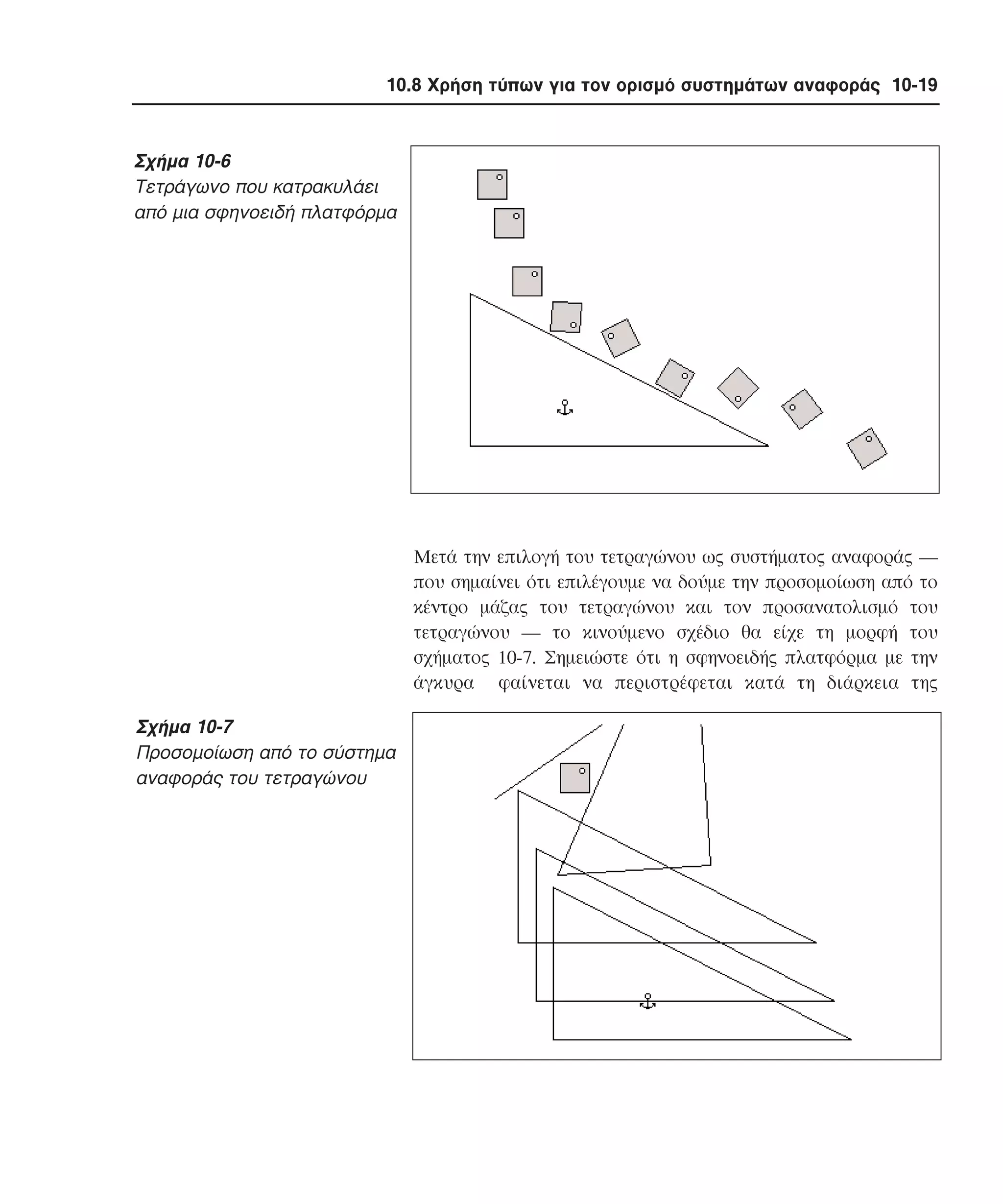 10.8 Χρήση τύπων για τον ορισµό συστηµάτων αναφοράς 10-19

Σχήµα 10-6
Tετράγωνο που κατρακυλάει
από µια σφηνοειδή πλατφόρµα

Mετά την επιλογή του τετραγώνου ως συστήµατος αναφοράς ―
που σηµαίνει ότι επιλέγουµε να δούµε την προσοµοίωση από το
κέντρο µάζας του τετραγώνου και τον προσανατολισµό του
τετραγώνου ― το κινούµενο σχέδιο θα είχε τη µορφή του
σχήµατος 10-7. Σηµειώστε ότι η σφηνοειδής πλατφόρµα µε την
άγκυρα φαίνεται να περιστρέφεται κατά τη διάρκεια της

Σχήµα 10-7
Προσοµοίωση από το σύστηµα
αναφοράς του τετραγώνου

 