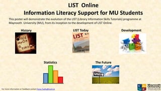 LIST Online
Information Literacy Support for MU Students
This poster will demonstrate the evolution of the LIST (Library Information Skills Tutorials) programme at
Maynooth University (MU), from its inception to the development of LIST Online.
For more information or Feedback contact Fiona.Tuohy@nuim.ie
History LIST Today
Statistics The Future
Development
 