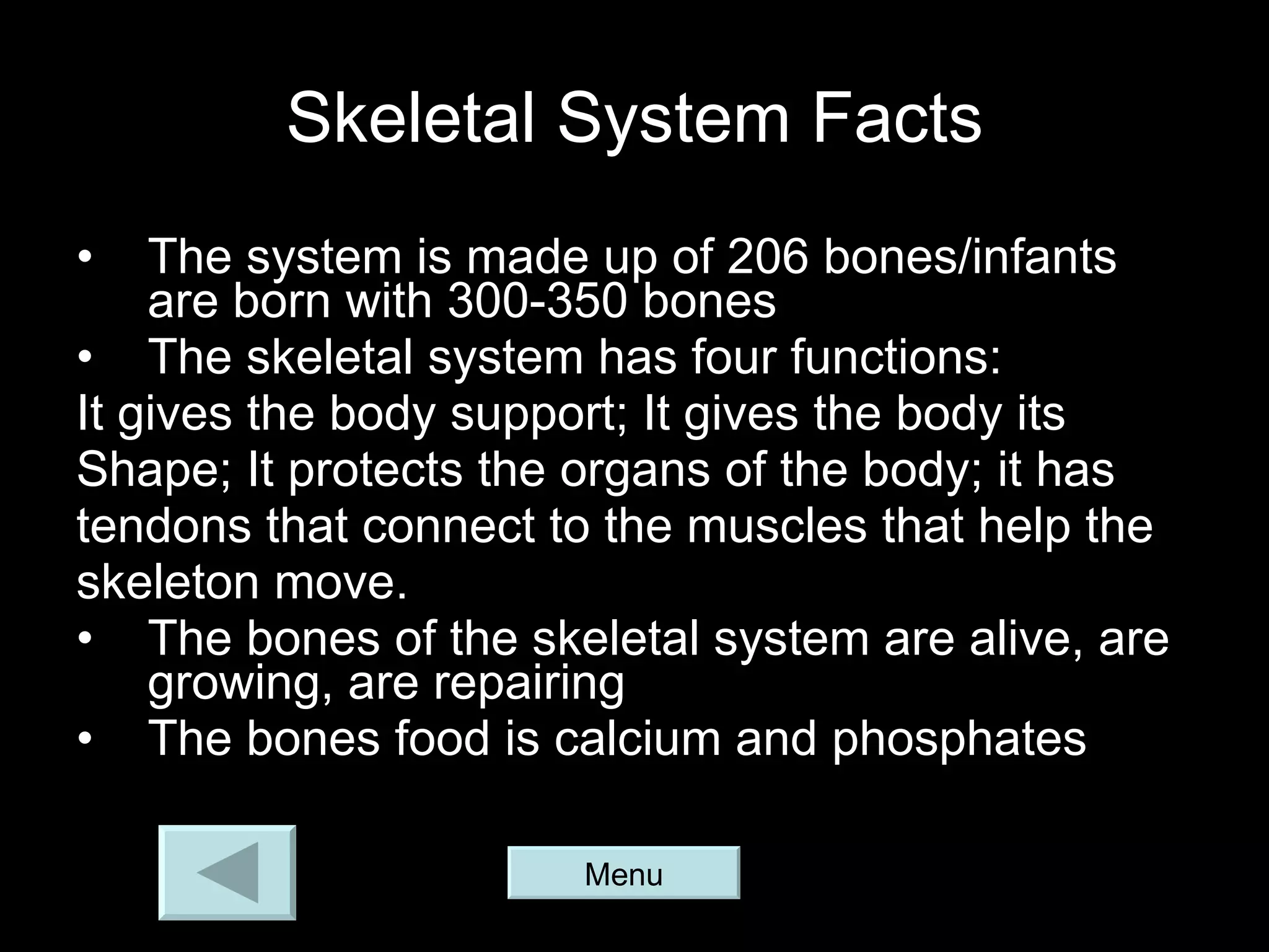 Skeletal System Facts The system is made up of 206 bones/infants are born with 300-350 bones The skeletal system has four functions: It gives the body support; It gives the body its Shape; It protects the organs of the body; it has tendons that connect to the muscles that help the skeleton move.  The bones of the skeletal system are alive, are growing, are repairing The bones food is calcium and phosphates  Menu 