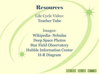 Resources Life Cycle Video: Teacher Tube Images: Wikipedia- Nebulas Deep Space Photos Star Field Observatory Hubble Information Center H-R Diagram Quit 
