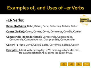 -ER Verbs:
Beber (To Drink): Bebo, Bebes, Bebe, Bebemos, Bebéis, Beben
Comer (To Eat): Como, Comes, Come, Comemos, Coméis, Comen
Comprender (To Understand): Comprendo, Comprendes,
  Comprende, Comprendemos, Comprendéis, Comprenden
Correr (To Run): Corro, Corres, Corre, Corremos, Corréis, Corren
Ejemplos: I drink water everyday.Yo bebo agua todas las días.
          He eats french fries. Él come las papas fritas.



                                                                   End
 