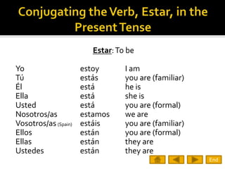 Estar: To be

Yo                    estoy       I am
Tú                    estás       you are (familiar)
Él                    está        he is
Ella                  está        she is
Usted                 está        you are (formal)
Nosotros/as           estamos     we are
Vosotros/as (Spain)   estáis      you are (familiar)
Ellos                 están       you are (formal)
Ellas                 están       they are
Ustedes               están       they are
                                                       End
 