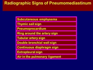Radiographic Signs of Pneumomediastinum
Subcutaneous emphysema
Thymic sail sign
Pneumoprecardium
Ring around the artery sign
Tubular artery sign
Double bronchial wall sign
Continuous diaphragm sign
Extrapleural sign
Air in the pulmonary ligament
 