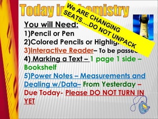 We
            SE ARE
              AT
                S… CHA
You will Need: .DO NNGING
                       OT
1)Pencil or Pen           UN
                             PA
2)Colored Pencils or Highlighters
                                CK
3)Interactive Reader– To be passed out
4) Marking a Text – 1 page 1 side –
Bookshelf
5)Power Notes – Measurements and
Dealing w/Data– From Yesterday –
Due Today- Please DO NOT TURN IN
YET
 