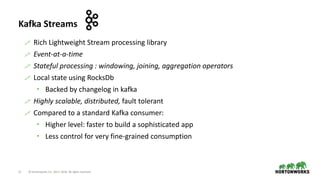 11 © Hortonworks Inc. 2011–2018. All rights reserved
Kafka Streams
 Rich Lightweight Stream processing library
 Event-at-a-time
 Stateful processing : windowing, joining, aggregation operators
 Local state using RocksDb
 Backed by changelog in kafka
 Highly scalable, distributed, fault tolerant
 Compared to a standard Kafka consumer:
 Higher level: faster to build a sophisticated app
 Less control for very fine-grained consumption
 