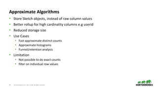 24 © Hortonworks Inc. 2011–2018. All rights reserved
Approximate Algorithms
• Store Sketch objects, instead of raw column values
• Better rollup for high cardinality columns e.g userid
• Reduced storage size
• Use Cases
• Fast approximate distinct counts
• Approximate histograms
• Funnel/retention analysis
• Limitation
• Not possible to do exact counts
• filter on individual row values
 