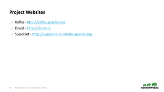 36 © Hortonworks Inc. 2011–2018. All rights reserved
Project Websites
 Kafka - http://kafka.apache.org
 Druid - http://druid.io
 Superset - http://superset.incubator.apache.org
 