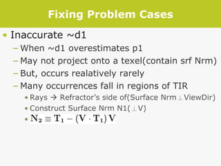 Fixing Problem Cases Inaccurate ~d1 When ~d1 overestimates p1 May not project onto a texel(contain srf Nrm) But, occurs realatively rarely Many occurrences fall in regions of TIR Rays    Refractor’s side of(Surface Nrm ⊥ ViewDir) Construct Surface Nrm N1( ⊥ V) . 