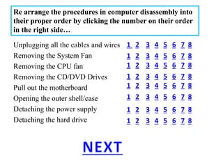 Unplugging all the cables and wires
Removing the System Fan
Removing the CPU fan
Removing the CD/DVD Drives
Pull out the motherboard
Opening the outer shell/case
Detaching the power supply
Detaching the hard drive
Re arrange the procedures in computer disassembly into
their proper order by clicking the number on their order
in the right side…
1 2 3 4 5 6 7 8
1 2 3 4 5 6 7 8
1 2 3 4 5 6 7 8
1 2 3 4 5 6 7 8
1 2 3 4 5 6 7 8
1 2 3 4 5 6 7 8
1 2 3 4 5 6 7 8
1 2 3 4 5 6 7 8
 