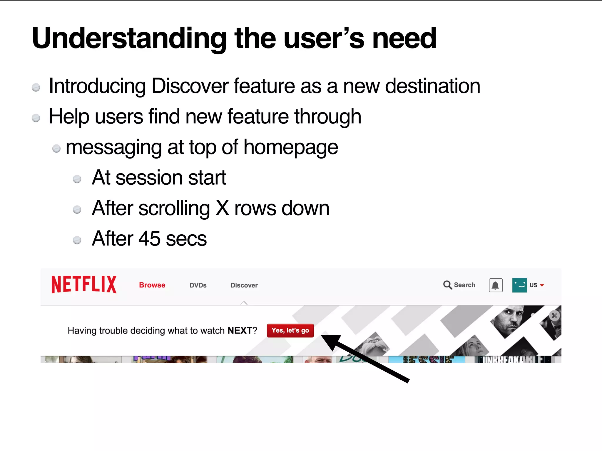 Understanding the user’s need
Introducing Discover feature as a new destination
Help users find new feature through
messaging at top of homepage
At session start
After scrolling X rows down
After 45 secs
 