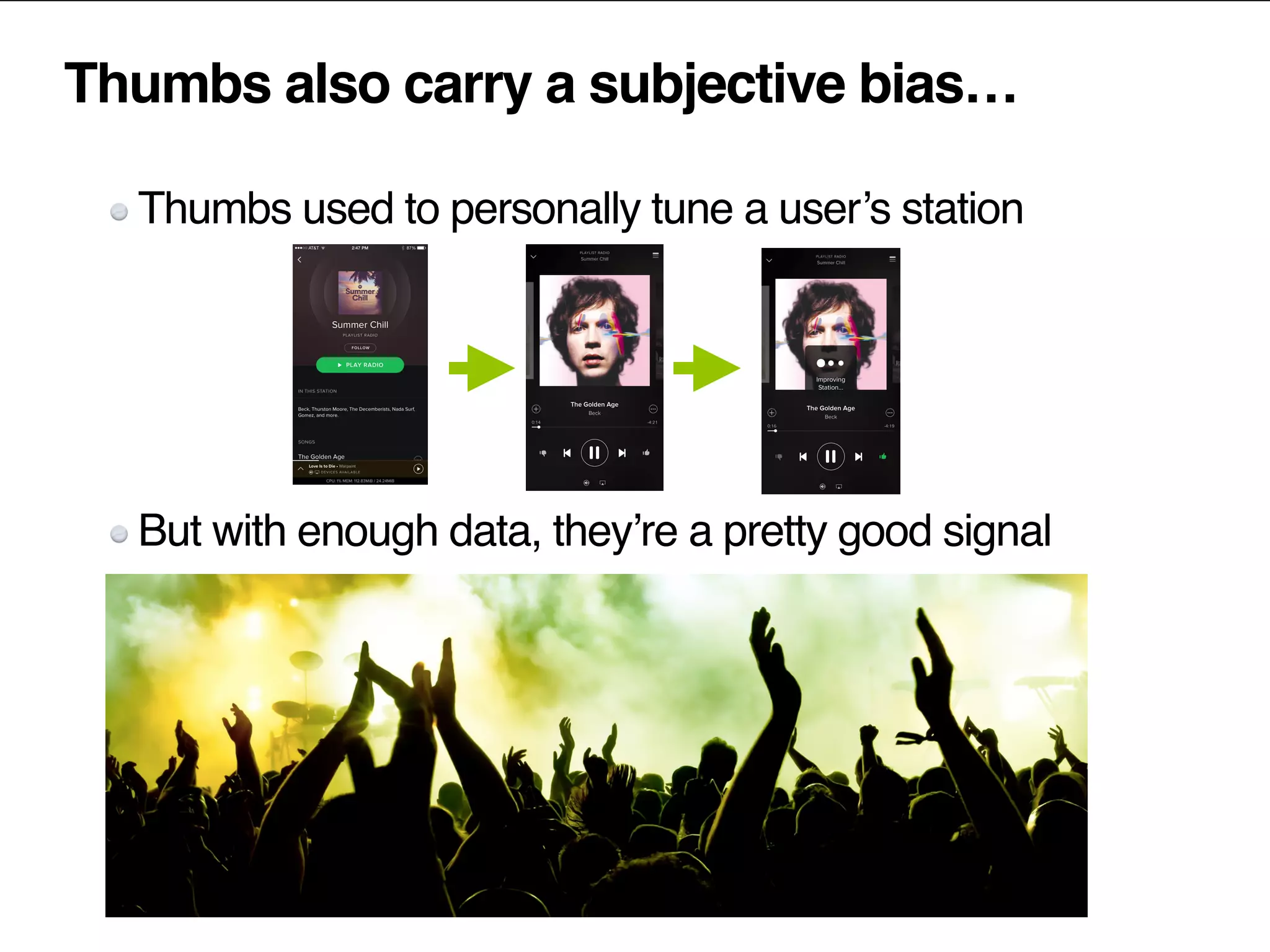 Thumbs also carry a subjective bias…
Thumbs used to personally tune a user’s station
But with enough data, they’re a pretty good signal
 