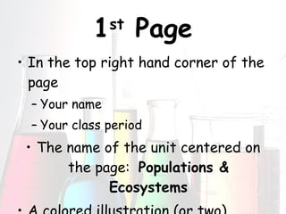 1 st  Page In the top right hand corner of the page Your name Your class period The name of the unit centered on the page:  Populations & Ecosystems A colored illustration (or two) representing your ideas of the unit topic 