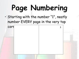 Page Numbering Starting with the number “1”, neatly number EVERY page in the very top corner 1 