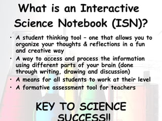 What is an Interactive  Science Notebook (ISN)? A student thinking tool – one that allows you to organize your thoughts & reflections in a fun and creative way A way to access and process the information using different parts of your brain (done through writing, drawing and discussion) A means for all students to work at their level A formative assessment tool for teachers KEY TO SCIENCE SUCCESS!! 