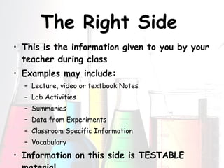 The Right Side   This is the information given to you by your teacher during class Examples may include: Lecture, video or textbook Notes  Lab Activities Summaries Data from Experiments Classroom Specific Information Vocabulary  Information on this side is TESTABLE material  