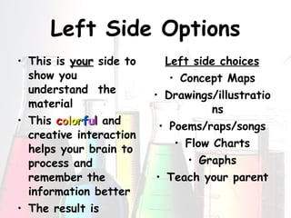 Left Side Options This is  your  side to show you understand  the material This   c o l o r f u l  and creative interaction helps your brain to process and remember the information better The result is greater success in science!! Left side choices Concept Maps Drawings/illustrations Poems/raps/songs Flow Charts Graphs Teach your parent 