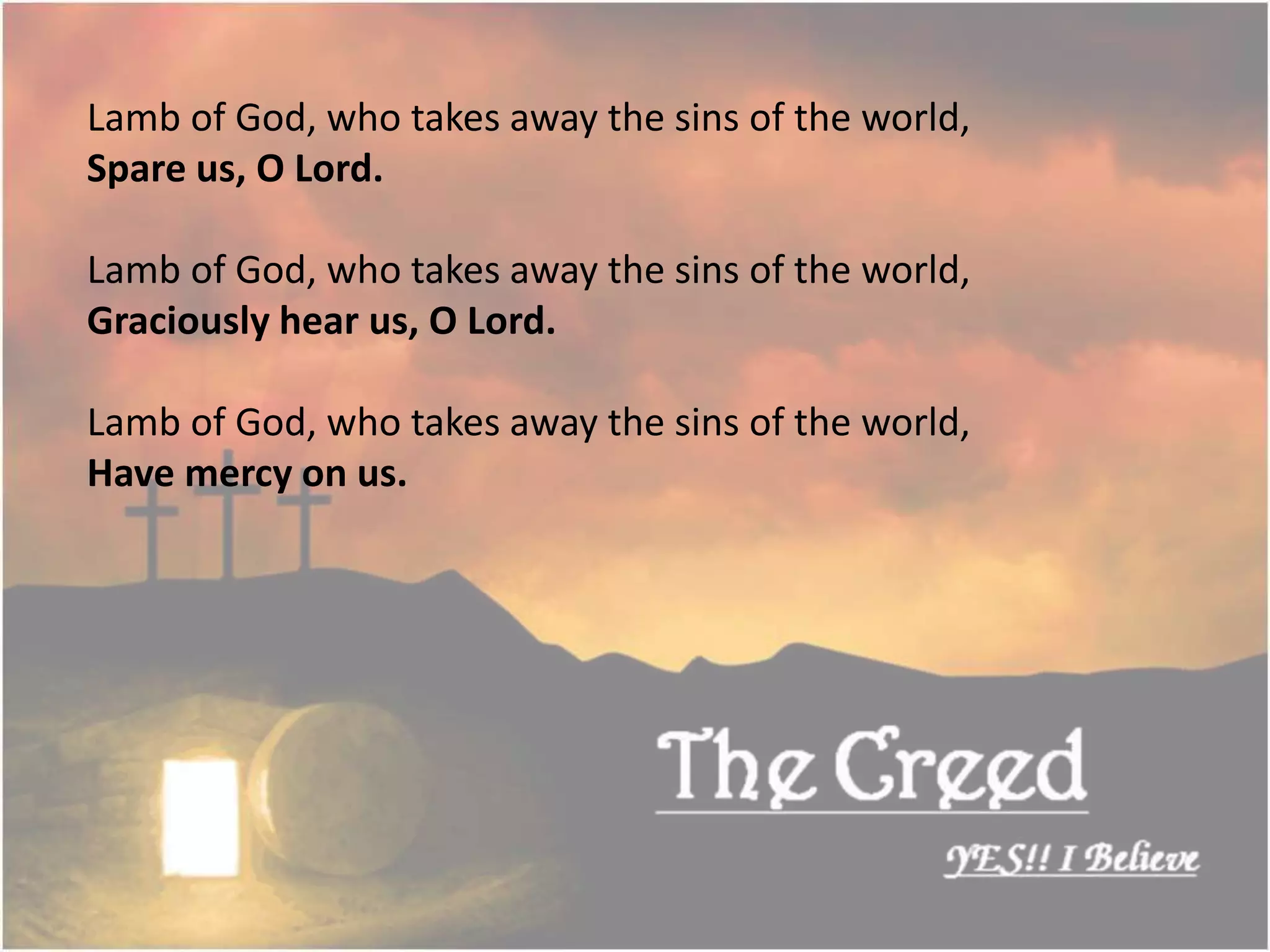 Lamb of God, who takes away the sins of the world,
Spare us, O Lord.
Lamb of God, who takes away the sins of the world,
Graciously hear us, O Lord.
Lamb of God, who takes away the sins of the world,
Have mercy on us.
Thecreed.in
 