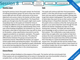 Session 8                           Lesson plan        Lesson 8
                                                      PowerPoint
                                                                            Cue cards        Group name tags


 Teacher input                                                     Task

 During the previous lesson the pupils started the final task      The pupils will continue with their final presentation
 of making presentation posters for parts of the new school.       posters. In this they will all have to work together as a
 Lesson eight will start off with a discussion of the lesson       team and may need to complete problem solving tasks
 objectives and success criteria; the teacher will then recap      to get their posters looking good. They will be in charge
 the previous lesson (refer to PowerPoint). The PowerPoint         of what ideas they want to use on their section of the
 guides you through areas that the pupils might need a quick       building (shown in PowerPoint attached). This allows
 recap (keep short as the pupils are limited for time) on          the pupils to be as creative as they like. Each group will
 including the different areas of the school the pupils will be    be given a cue card to help them work through the task
 in charge of; different computer aided drawing views of the       without the teacher impinging any ideas on them,
 new school building (simplified), the limitations e.g. time on    limiting their creativity. The pupils will need to apply
 the project, what type of information they may wish to show       prior knowledge as well as research new material for
 on the posters, using a specification (may wish to use the        their posters. This is effectively a case study scenario
 magazine provided as an exemplar), exemplars. The pupils          where they can apply other case studies to help them
 will be given cue cards for this task also. This allows for       produce the most sustainable building as possible. It is
 differentiation between the groups and promotes the               important that the pupils know they will be presenting
 autonomous learner. Meanwhile the teacher can support             their final ideas to a panel of professionals during
 certain pupils whilst overseeing the project. The teacher will    session nine. The pupils will also see the medium they
 also circulate around the class speaking to pupils individually   will be presenting their data on which is foam board cut
 to see what learning objective they are yet to achieve so         up intofive5 shapes that all come together to make one
 they can try to complete them in the remaining lessons.           completed presentation poster.

 Closure Plenary

 The teacher will give feedback on the progress of the pupils. The teacher will also remind pupils that
 if their posters are not completed they are to come in n during their own time (lunch/after school) to
 complete them, as they will be presenting to a professional panel next week
 
