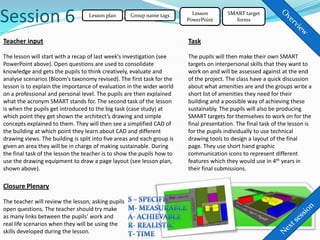 Session 6                          Lesson plan      Group name tags        Lesson
                                                                         PowerPoint
                                                                                         SMART target
                                                                                            forms



Teacher input                                                            Task

The lesson will start with a recap of last week’s investigation (see     The pupils will then make their own SMART
PowerPoint above). Open questions are used to consolidate                targets on interpersonal skills that they want to
knowledge and gets the pupils to think creatively, evaluate and          work on and will be assessed against at the end
analyse scenarios (Bloom’s taxonomy revised). The first task for the     of the project. The class have a quick discussion
lesson is to explain the importance of evaluation in the wider world     about what amenities are and the groups write a
on a professional and personal level. The pupils are then explained      short list of amenities they need for their
what the acronym SMART stands for. The second task of the lesson         building and a possible way of achieving these
is when the pupils get introduced to the big task (case study) at        sustainably. The pupils will also be producing
which point they get shown the architect’s drawing and simple            SMART targets for themselves to work on for the
concepts explained to them. They will then see a simplified CAD of       final presentation. The final task of the lesson is
the building at which point they learn about CAD and different           for the pupils individually to use technical
drawing views. The building is split into five areas and each group is   drawing tools to design a layout of the final
given an area they will be in charge of making sustainable. During       page. They use short hand graphic
the final task of the lesson the teacher is to show the pupils how to    communication icons to represent different
use the drawing equipment to draw a page layout (see lesson plan,        features which they would use in 4th years in
shown above).                                                            their final submissions.

Closure Plenary

The teacher will review the lesson, asking pupils
open questions. The teacher should try make
as many links between the pupils’ work and
real life scenarios when they will be using the
skills developed during the lesson.
 