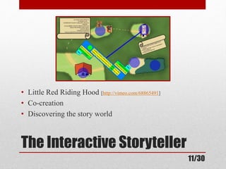 • Little Red Riding Hood [http://vimeo.com/68865491] 
• Co-creation 
• Discovering the story world 
The Interactive Storyteller 
11/30 
 