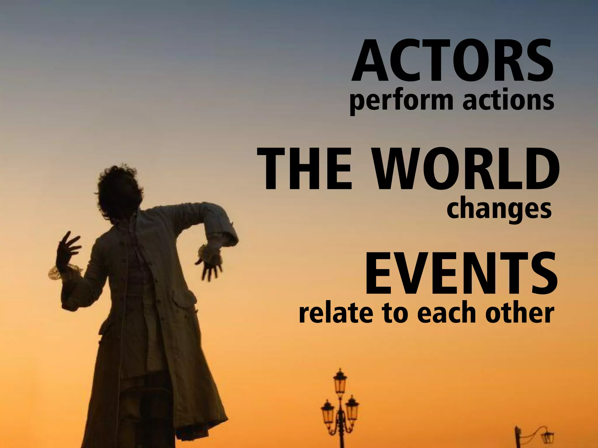 ACTORS
    perform actions

THE WORLD
      changes

      EVENTS
 relate to each other
 