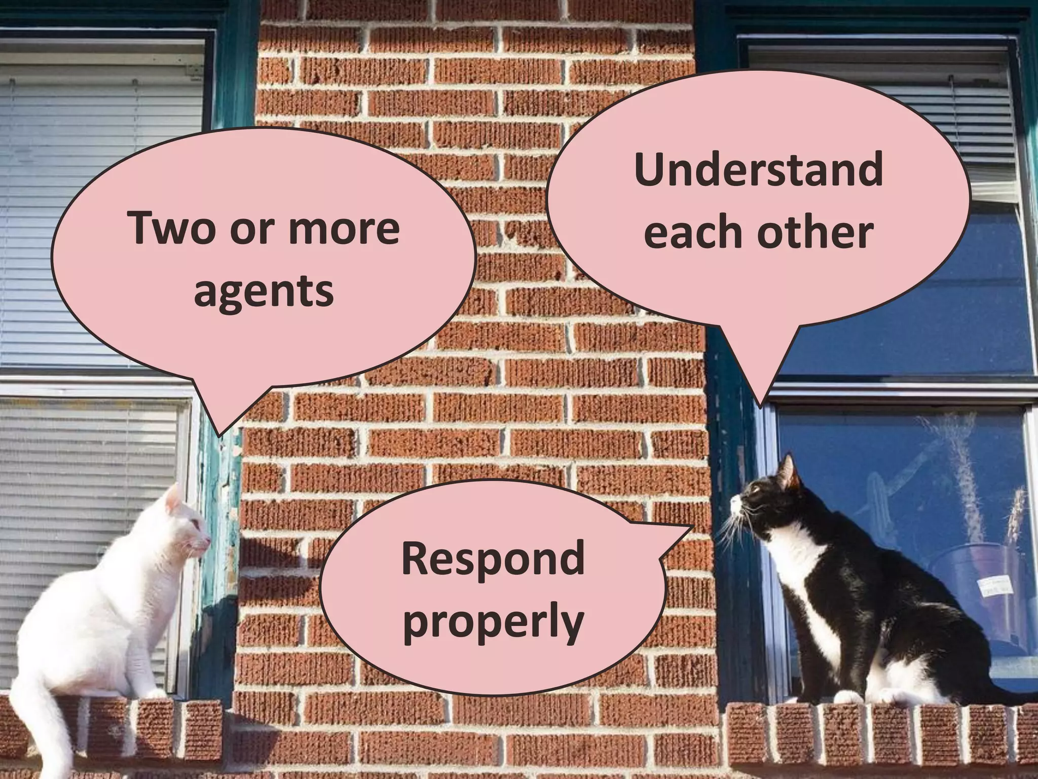 Understand
Two or more          each other
  agents




          Respond
          properly
 