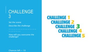 CHALLENGE
3
Set the scene
Describe the challenge
- - - - - - - - - - - - - - - -
- - - - - - -
How will you overcome the
challenge?
Chances left = 10
 