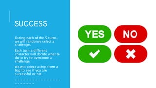 SUCCESS
During each of the 5 turns,
we will randomly select a
challenge.
Each turn a different
character will decide what to
do to try to overcome a
challenge
We will select a chip from a
bag to see if you are
successful or not.
- - - - - - - - - - - - - - - -
- - - - - - -
 