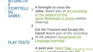 INTERACTIV
E
STORYTELLI
NG
GAMES
PLAY TESTS
https://ltsig.iatefl.org/ltsig-mo
1
2
3
A fortnight to cross the
valley. Watch part of the recording
of the playtest of this
game (Webheads in Action weekly
meeting)
Get the Treasure and Escape the
Island! Watch part of the recording
of the playtest (Association for
Language Learning)
A quiet year. Quiet Year
 