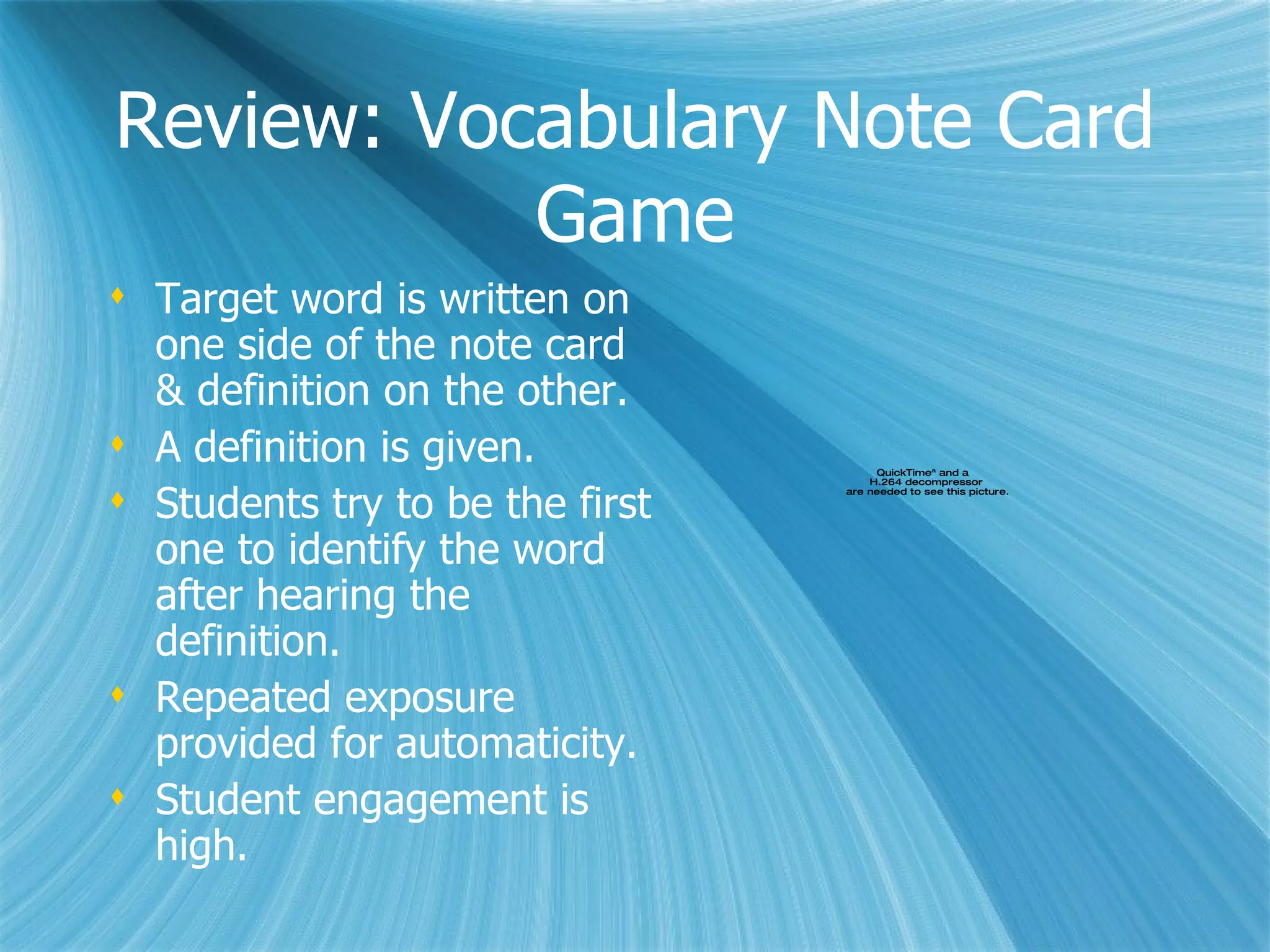 Bibliography (cont.) Reynolds, David J. &quot;Eight Strategies to Help Students Read Difficult Text.&quot; Who Reads Difficult Text?  25 Mar. 2009 <http://www.cfkeep.org/html/ stitch.php?s=93763872230206&id=81153015867949>. “ Vocabulary Journal”.  All America Reads .  1 Sep 01.  http://www.allamericareads.org/index.htm .  8 May 2007. Marzano, Robert J. &quot;Getting Acquainted with the Essential Nine.&quot; MiddleWeb. 30   Mar. 2009 <http://www.middleweb.com/MWLresources/marzchat1.html://>. &quot;Podcasts.&quot;  International Reading Association . 25 Mar. 2009   <http://www.reading.org/General/Publications/Podcasts.aspx>. “ Reading as a Strategic Activity”.  Just Read Now Project .  Beacon Learnin Center. 1997.  http://justreadnow.com/strategies . 2 May 2007. &quot;A Resource of Constructivist Teaching Strategies to Promote Active Student   Learning.&quot;  ELA Best Practices . 16 Jan. 2007 <http://www.greece.k12.ny.us/   instruction/ELA/6-12/Best%20Practices/Index.htm>. Reynolds, David J. &quot;Eight Strategies to Help Students Read Difficult Text.&quot; Who Reads Difficult Text?  25 Mar. 2009 <http://www.cfkeep.org/html/ stitch.php?s=93763872230206&id=81153015867949>. Sheldon, Jan B, et al.  Fundamentals in the Sentence Writing Strategy . Lawrence:  The  University of Kansas, 1998 . “ Vocabulary Journal”.  All America Reads .  1 Sep 01.  http://www.allamericareads.org/index.htm .  8 May 2007. &quot;What are Context Clues?&quot;  Reading Resources . 25 Mar. 2009   <http://wserver.scc.losrios.edu/~langlit/reading/contextclues/intro1.htm>. 