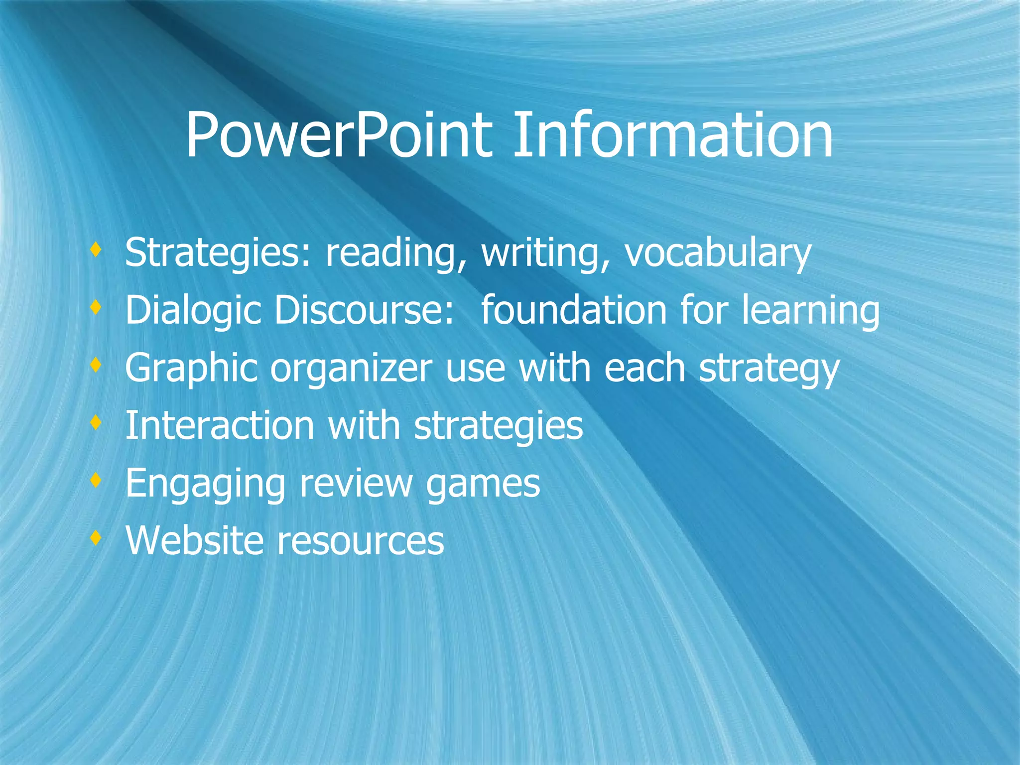 Dialogic Discourse Students are engaged in learning by facilitated conversation. Text is the medium for learning, but the conversation (dialogue) shapes meaning. Meaning is created by listening, thinking, reflecting, and responding.  Students assume responsibility and ownership for their learning. Teachers provide models, examples, and resources, assisting students in gaining clarity. 